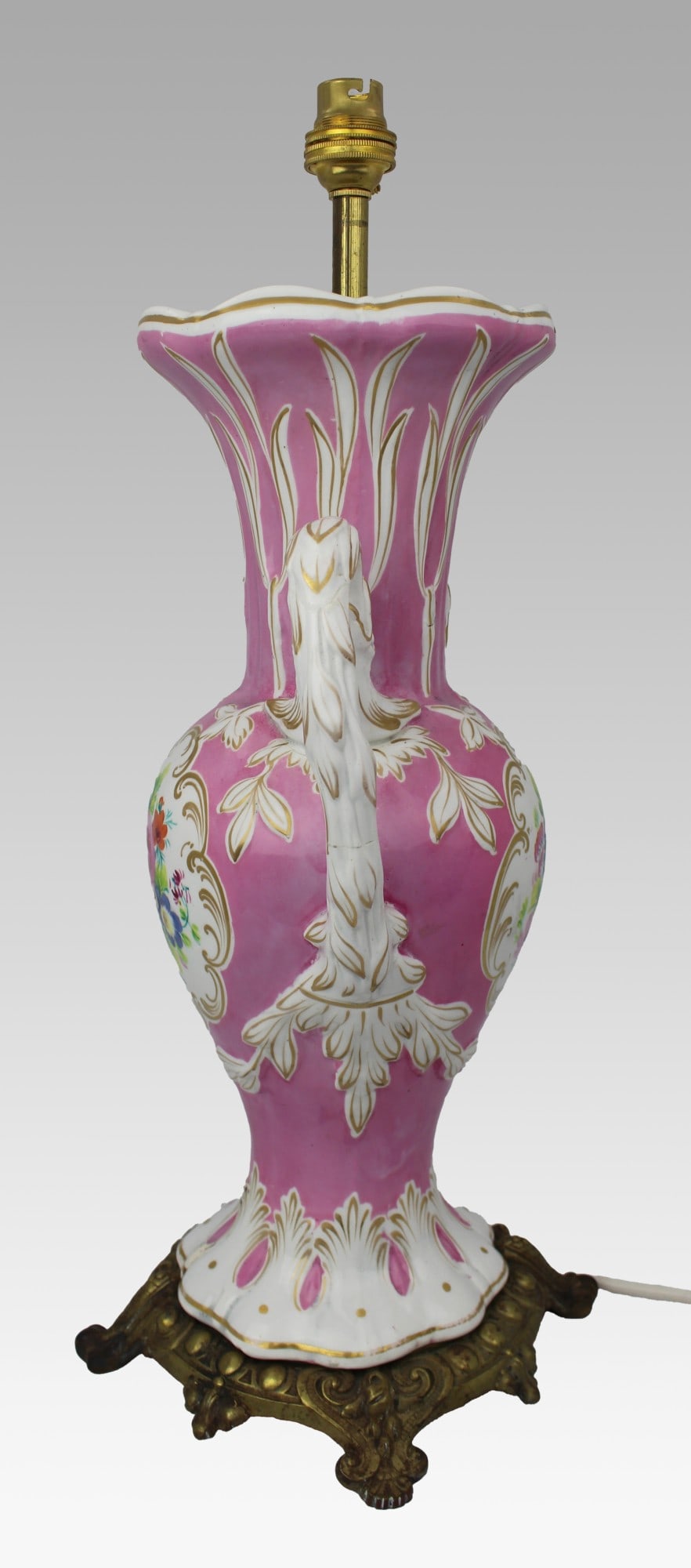 Antique Hand Painted Pink Ground Porcelain Table Lamp, c.1890 - 17