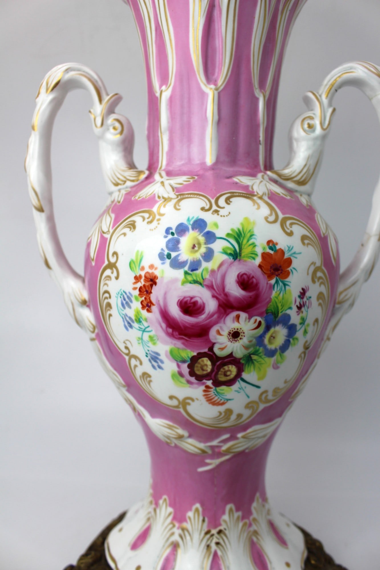 Antique Hand Painted Pink Ground Porcelain Table Lamp, c.1890 - 19