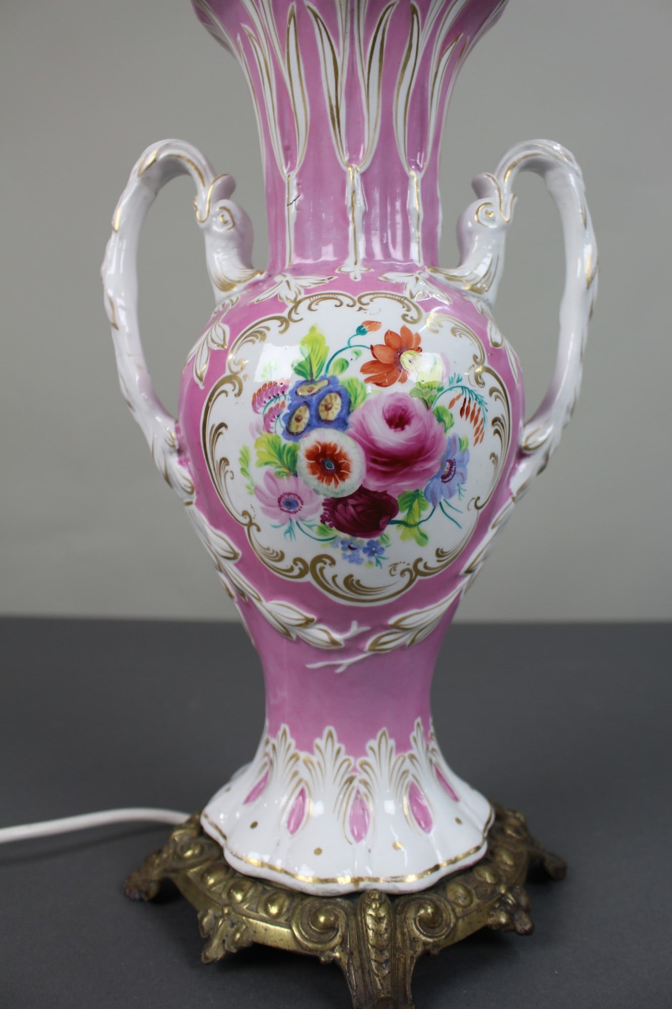 Antique Hand Painted Pink Ground Porcelain Table Lamp, c.1890 - 2