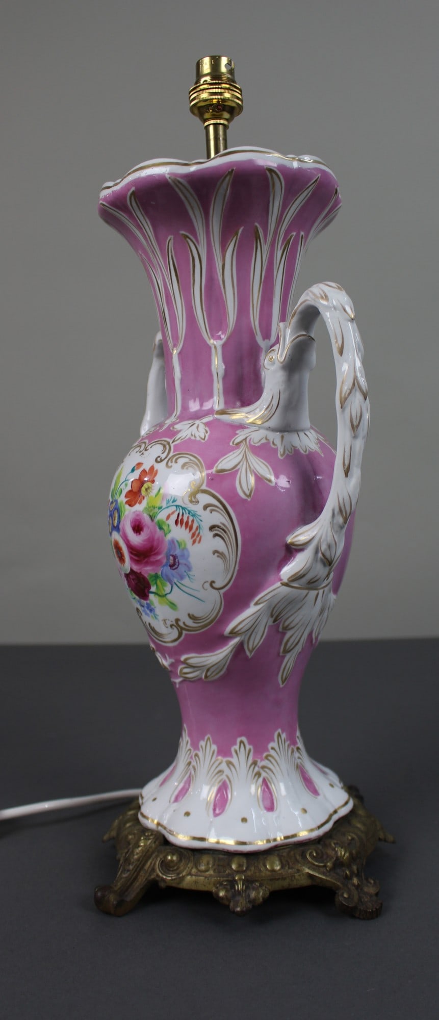 Antique Hand Painted Pink Ground Porcelain Table Lamp, c.1890 - 5