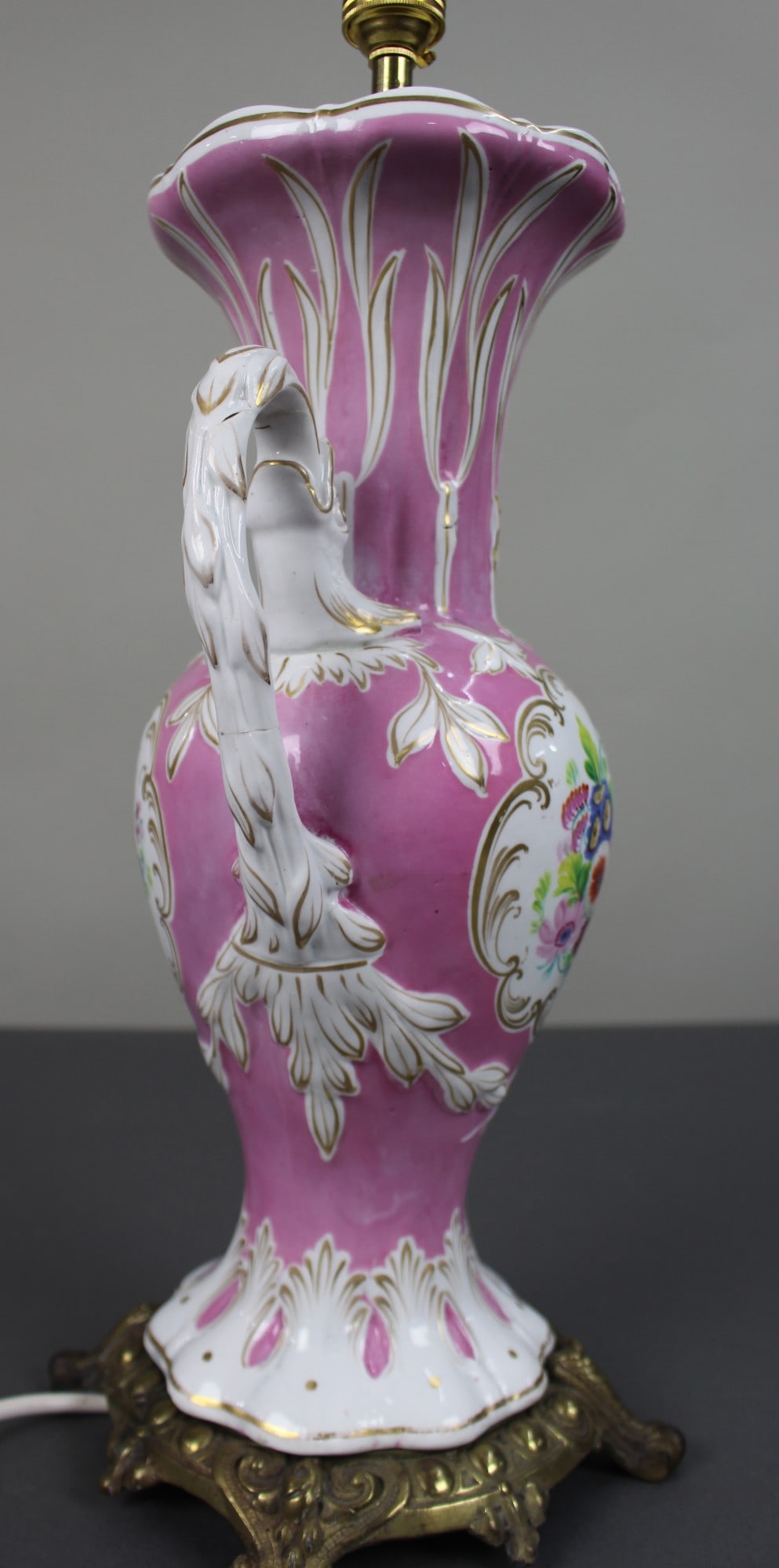 Antique Hand Painted Pink Ground Porcelain Table Lamp, c.1890 - 7