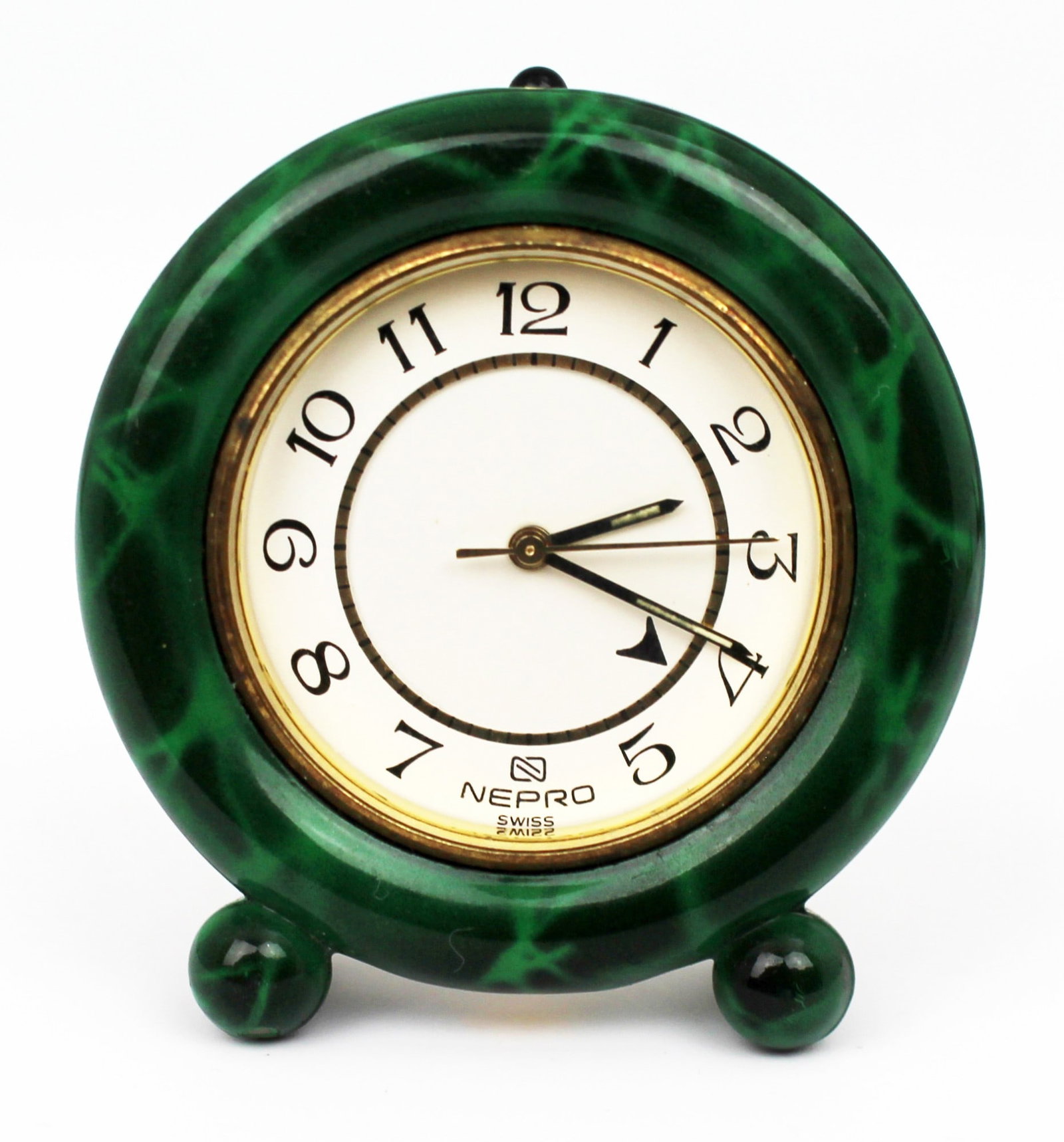 Fine Vintage Malachite Nepro Swiss Miniature Enamel Travel Alarm Clock (1 of 2)
