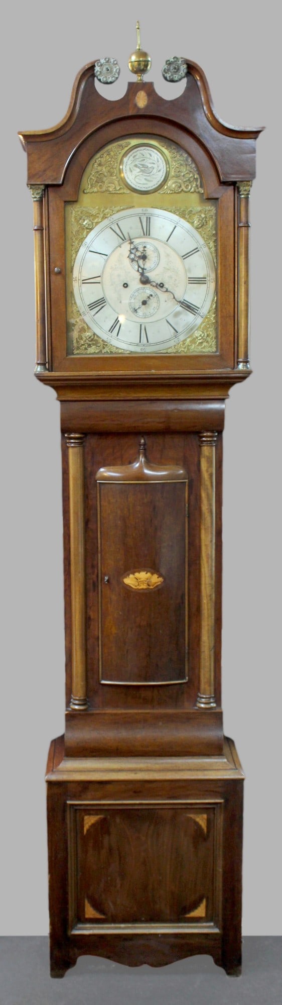 Scottish Mahogany Longcase Clock with Brass Arched Dial, c.1840: Title: Scottish Mahogany Longcase Clock with Brass Arched Dial, c.1840 Description: Early 19th Century Scottish Mahogany Longcase Clock with Arched Brass Dial An elegant and well-proportioned early