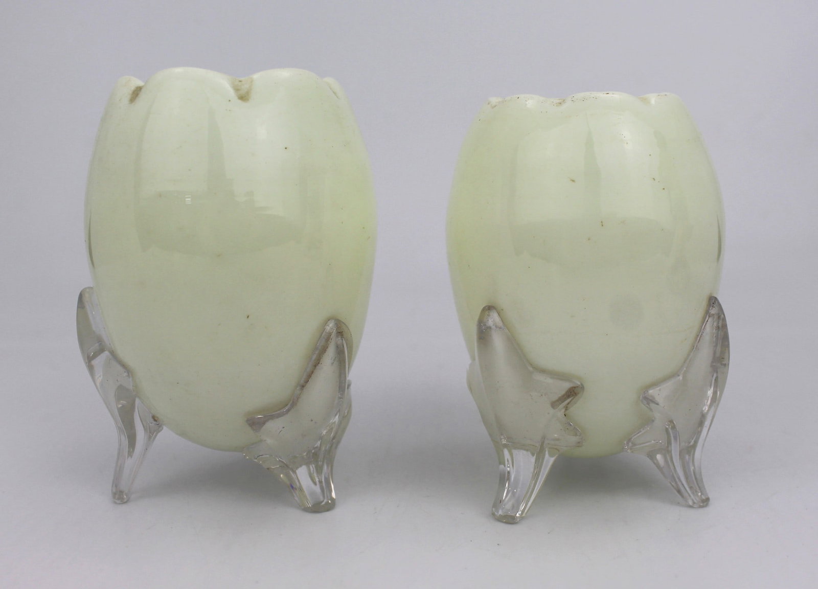 Pair of Vintage Opaline Glass Vases with Clear Glass Feet Mid-20th century, possibly French (1 of 1)