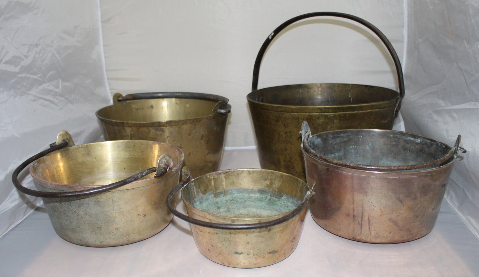 Set of 5 Early Antique English Handled Jam Kettles (1 of 1)