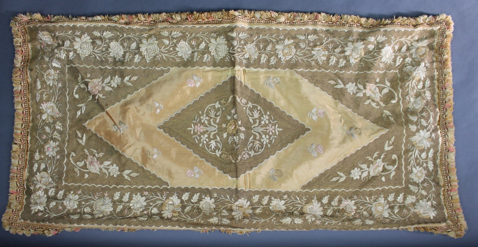 Antique Silk Embroidered Cover 60 x 122 cm: Title: Antique Silk Embroidered Cover 60 x 122 cm Description: Antique Silk Embroidered Cover 60 x 122 cm Late 19th / early 20th century, continental European, Decorated with floral motifs within a