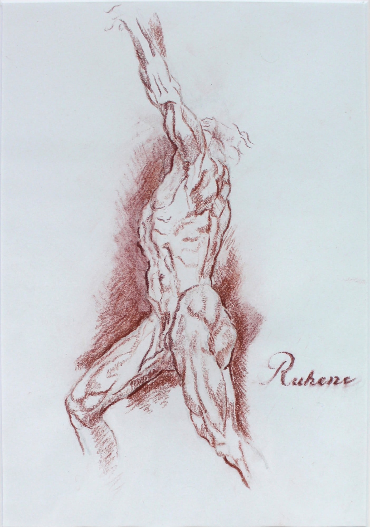 Fine Red Chalk Male Nude Set in Gilt Frame: Title: Fine Red Chalk Male Nude Set in Gilt Frame Description: Figure Study in Red Chalk – After Rubens Mid to Late 20th Century, Continental School A finely executed red chalk figure study