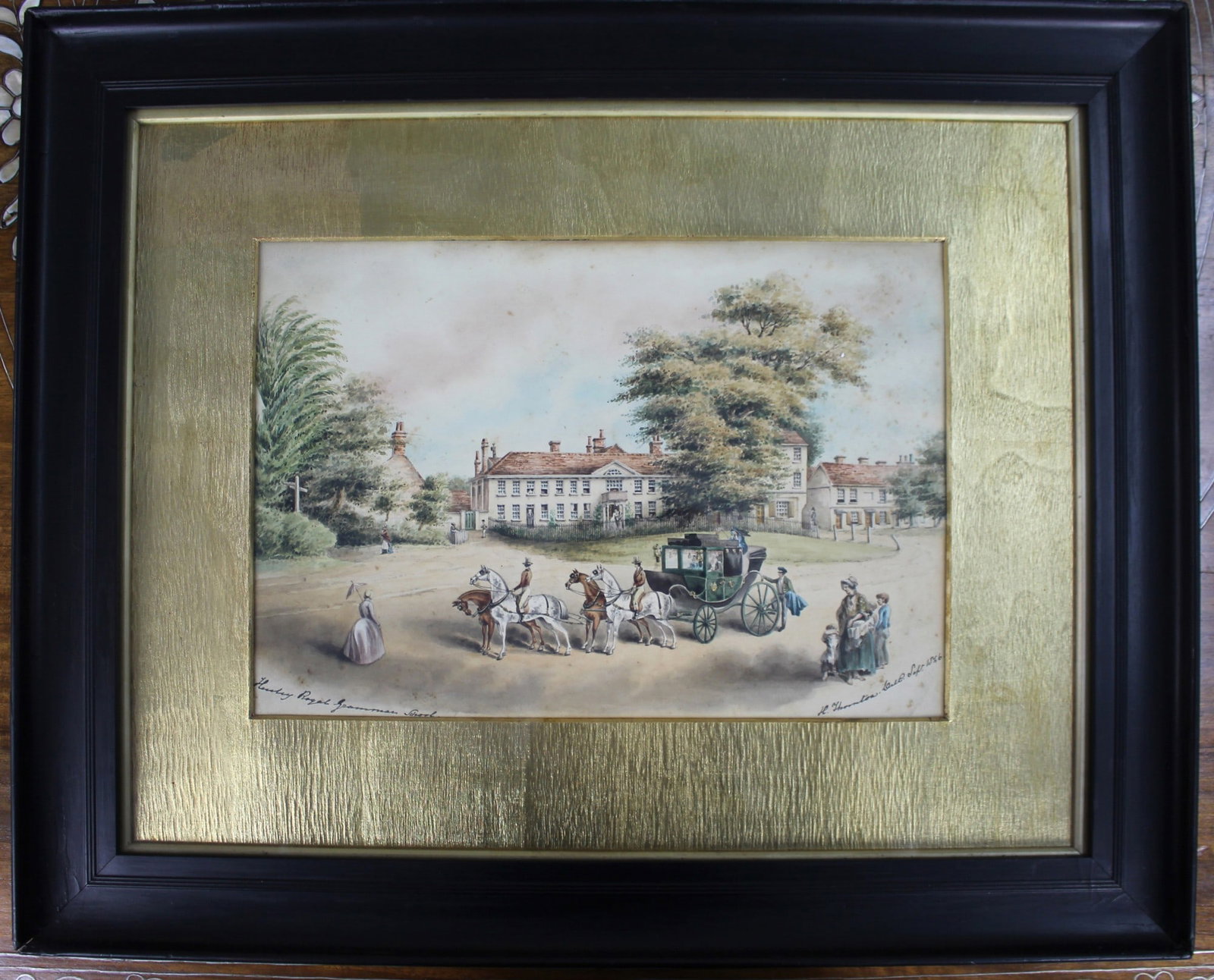 Hadley Royal Grammar School"" Delicate Signed Watercolour 1846: Title: Hadley Royal Grammar School Delicate Signed Watercolour 1846 Description: Very fine mid 19th century English watercolour. "Hadley Royal Grammar School". Great character & quality. Signed