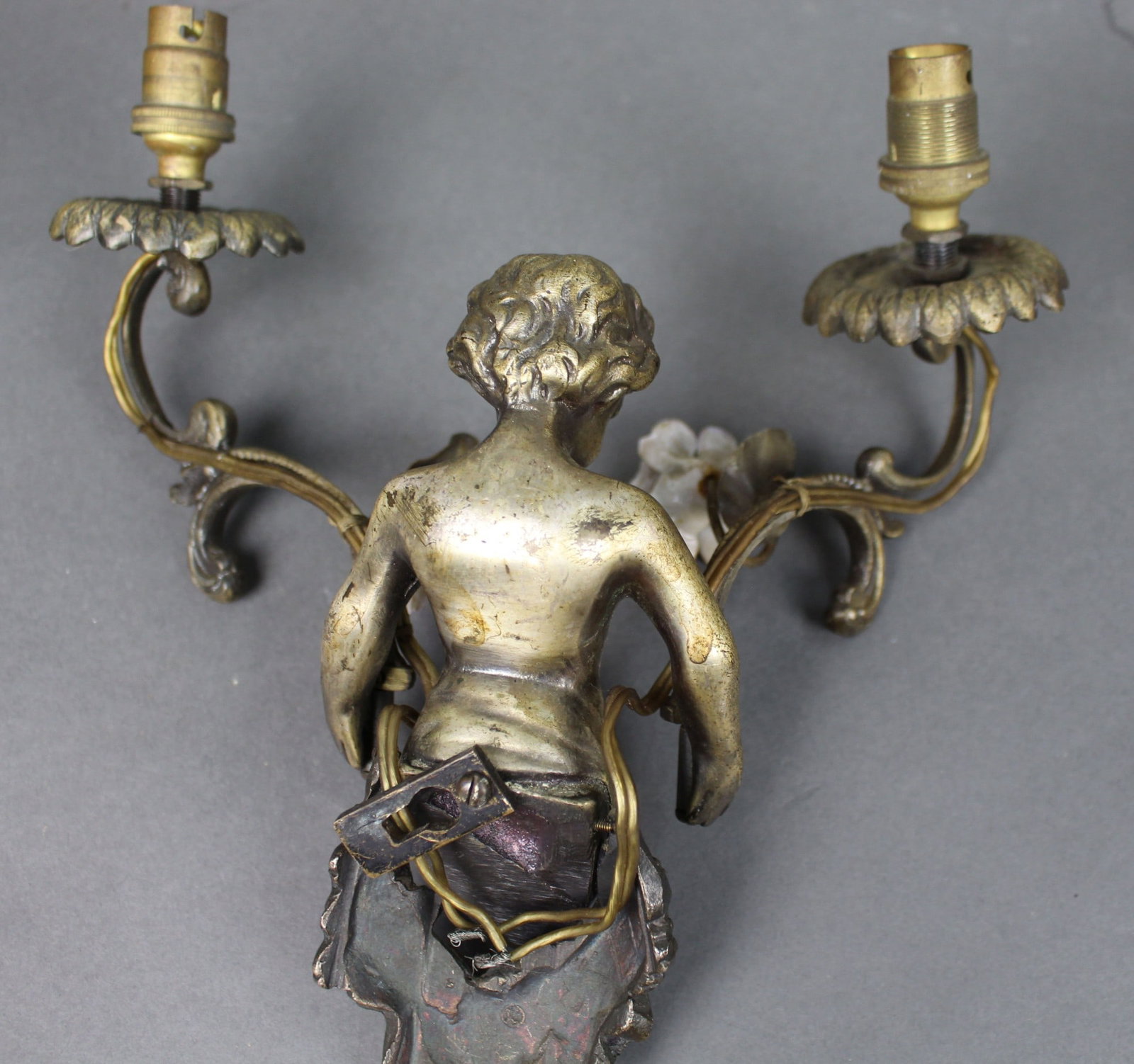 Pair of Antique French Style Cherub Wall Sconces with Porcelain Flowers - 10