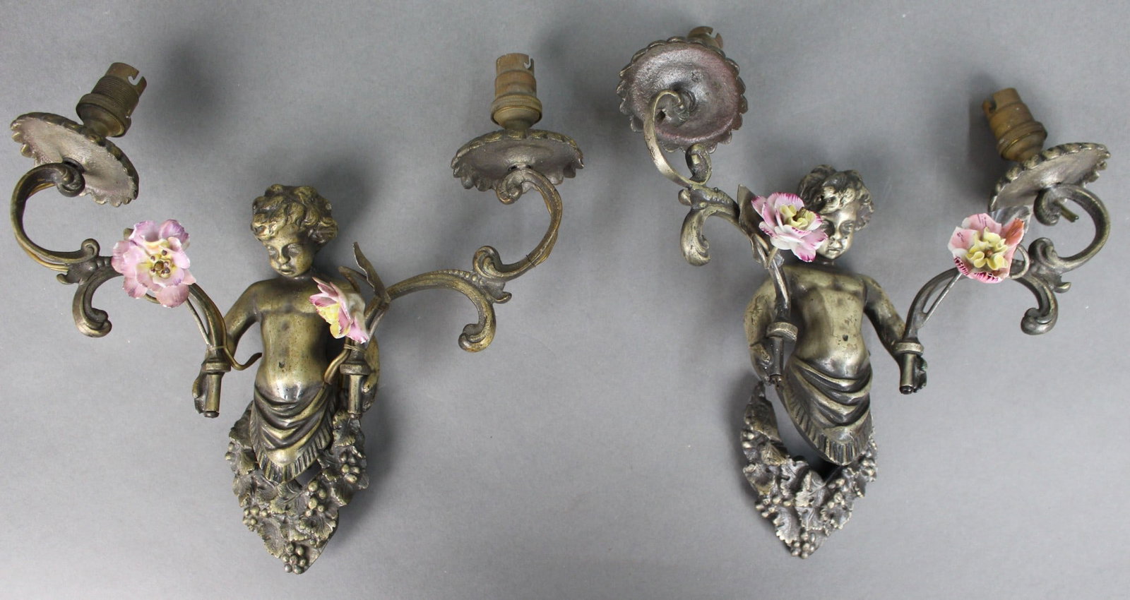 Pair of Antique French Style Cherub Wall Sconces with Porcelain Flowers (1 of 10)