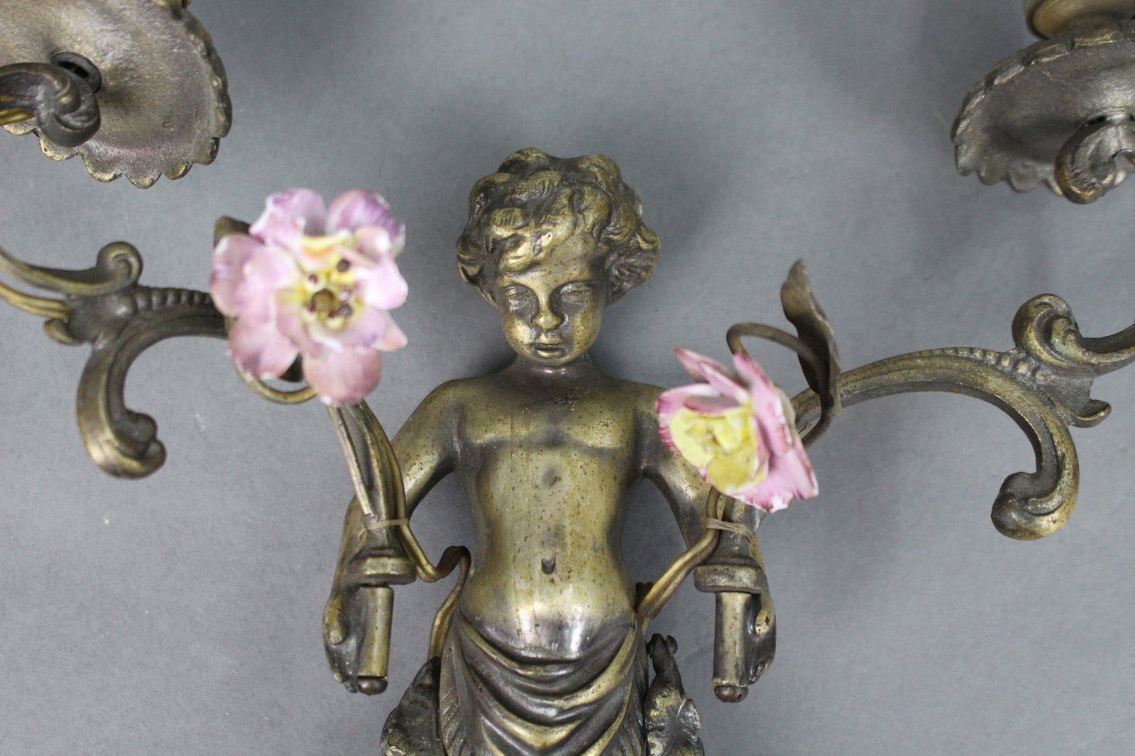 Pair of Antique French Style Cherub Wall Sconces with Porcelain Flowers - 3