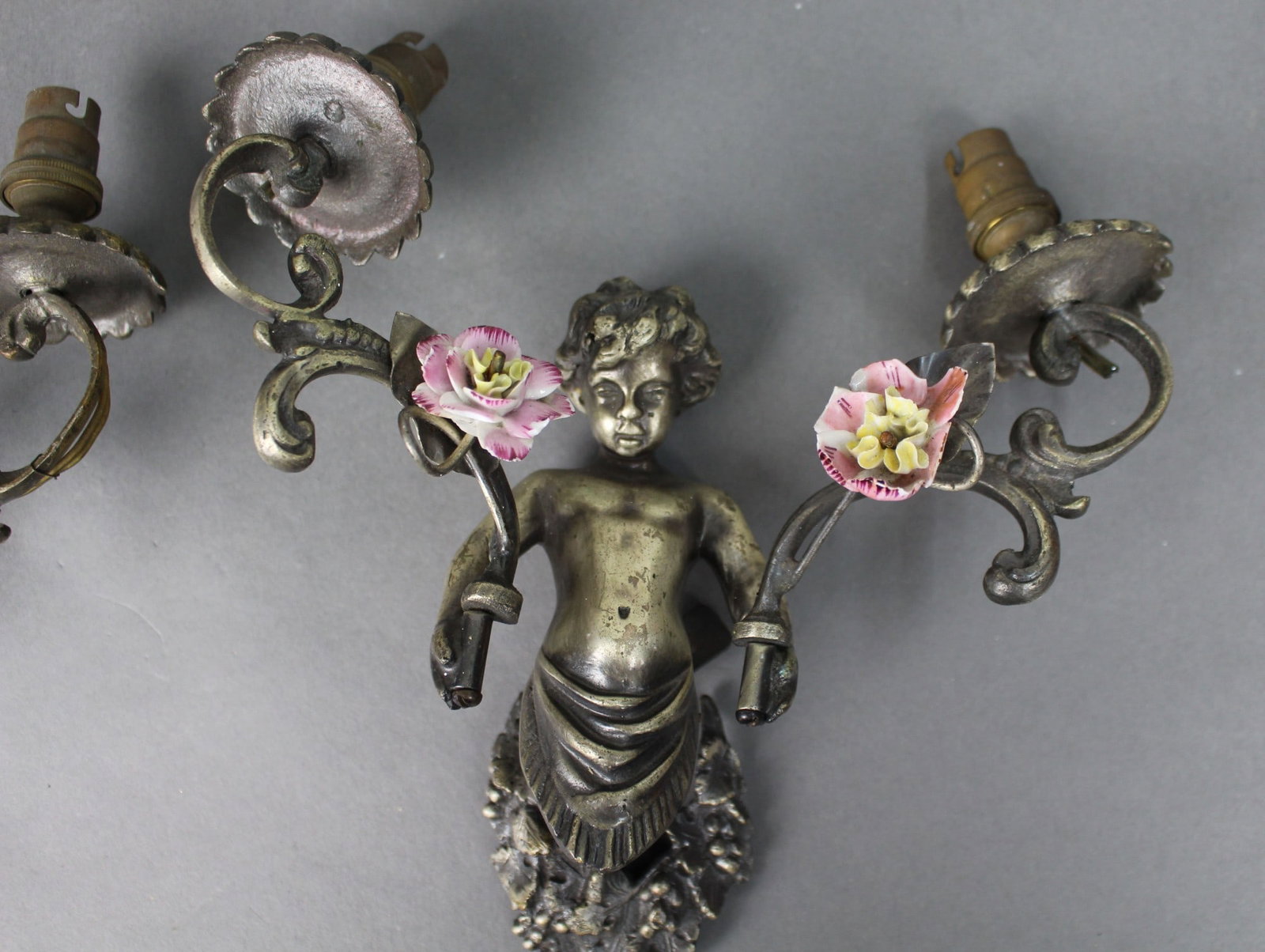 Pair of Antique French Style Cherub Wall Sconces with Porcelain Flowers - 5