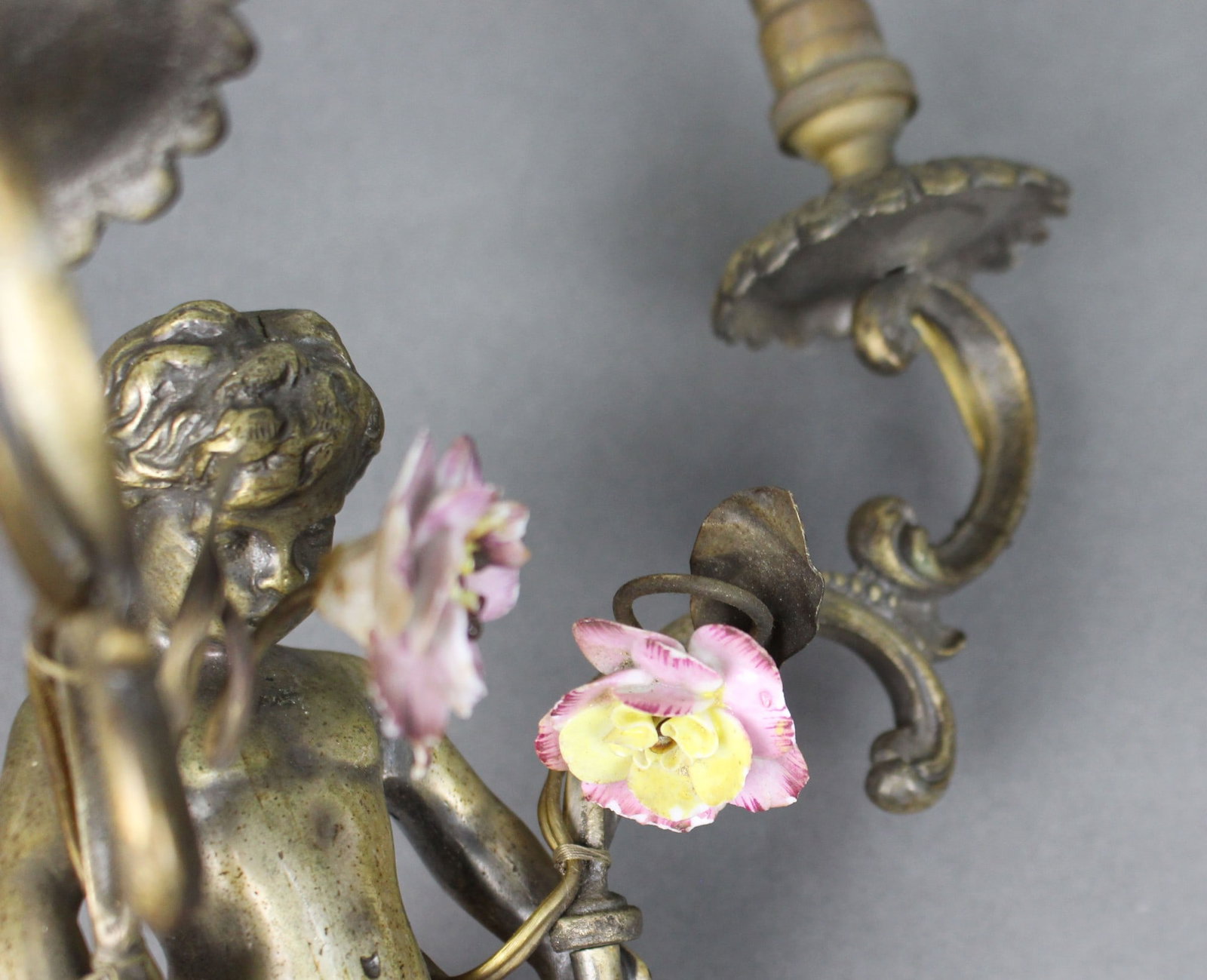 Pair of Antique French Style Cherub Wall Sconces with Porcelain Flowers - 8