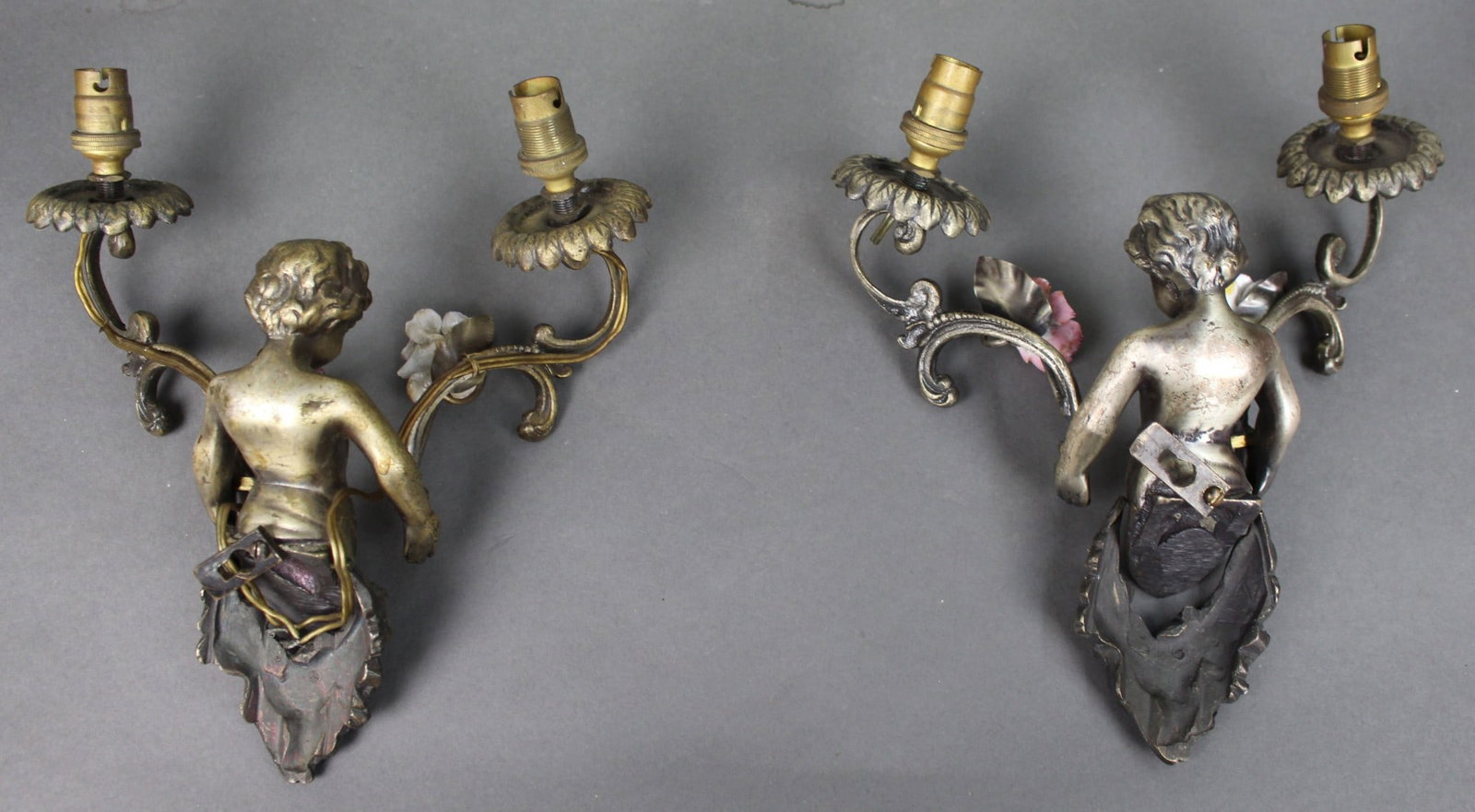 Pair of Antique French Style Cherub Wall Sconces with Porcelain Flowers - 9