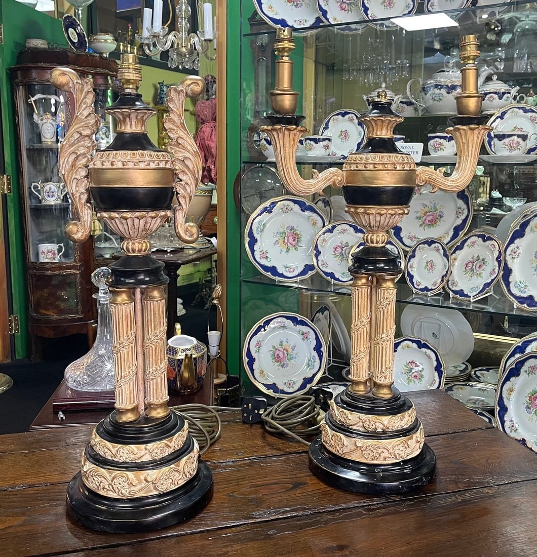 Pair of Decorative Empire Style Gilt and Ebonised Table Lamps: Title: Pair of Decorative Empire Style Gilt and Ebonised Table Lamps Description: Pair of Decorative Empire Style Gilt and Ebonised Table Lamps We are pleased to offer a good-looking pair of