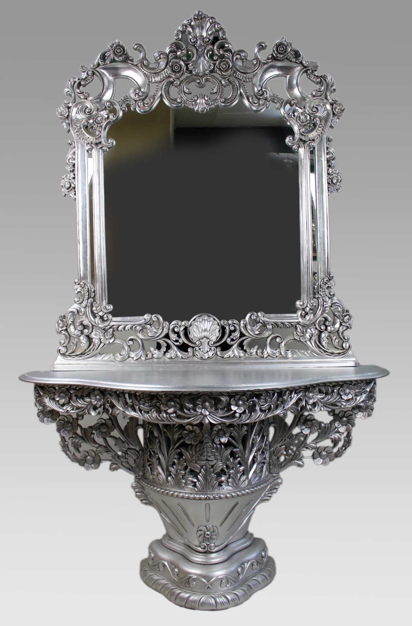 Vintage Baroque Style Silver Leaf Console Table and Mirror (1 of 1)
