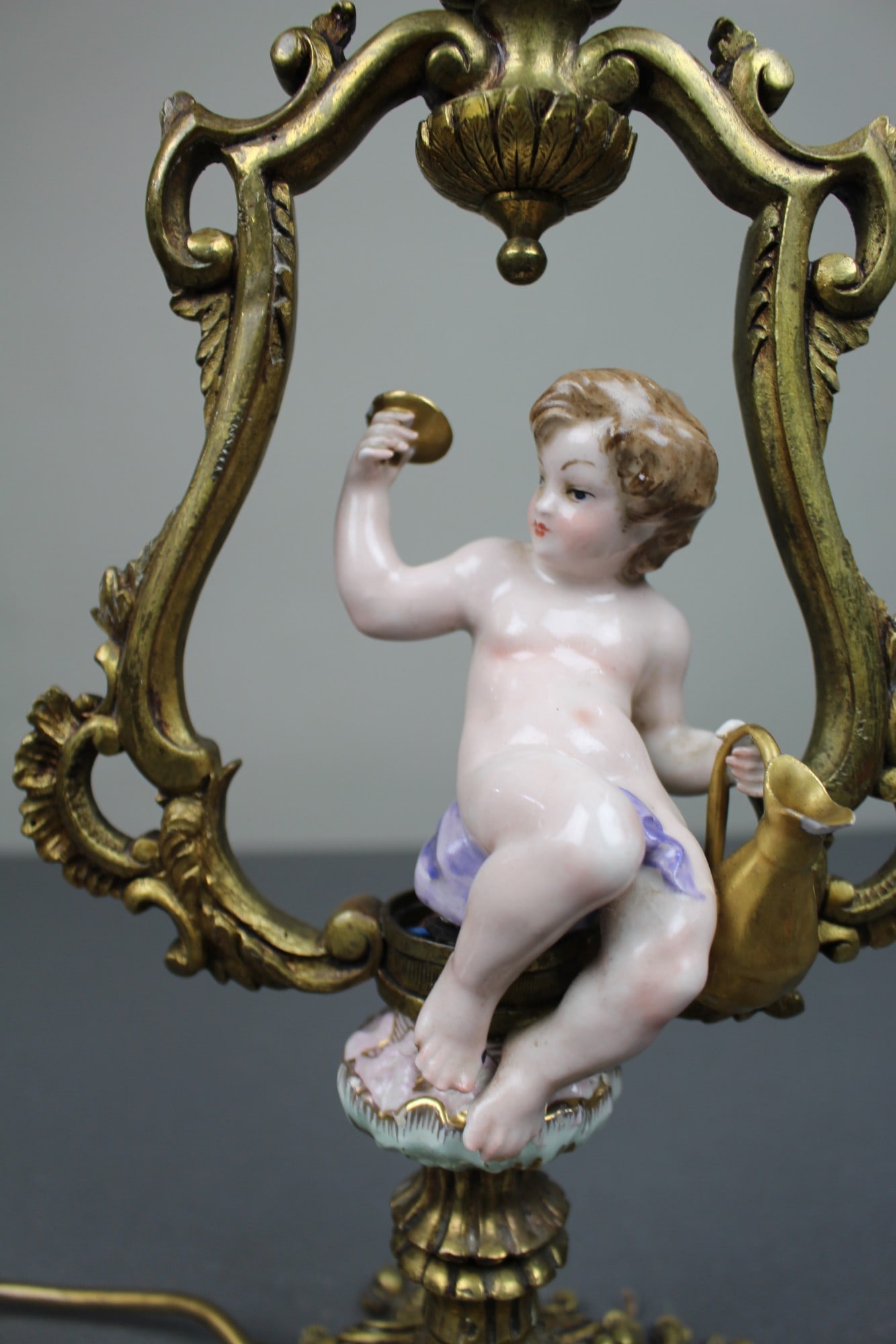 Antique Porcelain & Gilt Metal Cherub Table Lamp - 2
