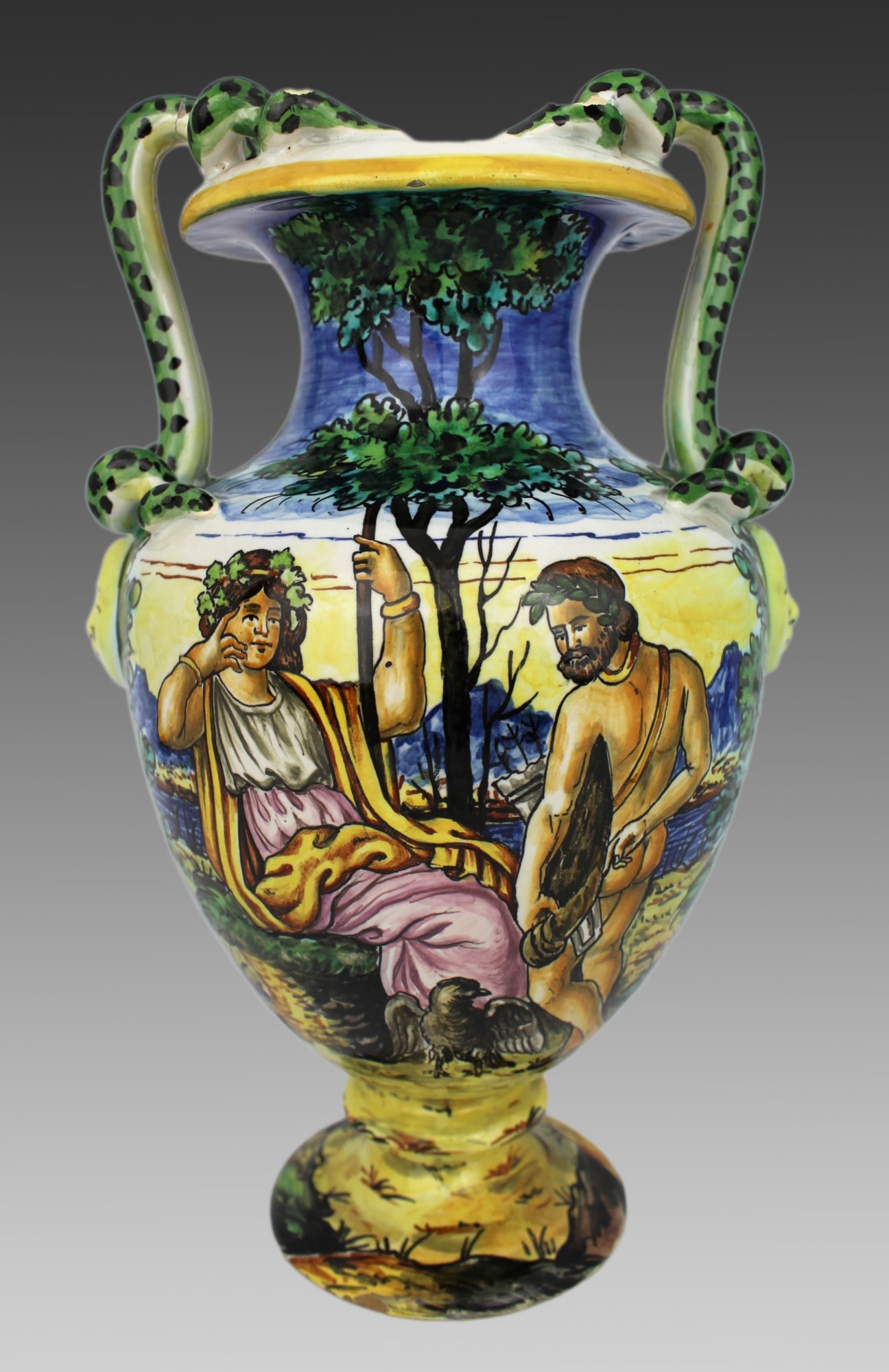 Hand-Painted Italian Majolica Two-Handled Vase with Serpent Handles c.1900 (1 of 6)
