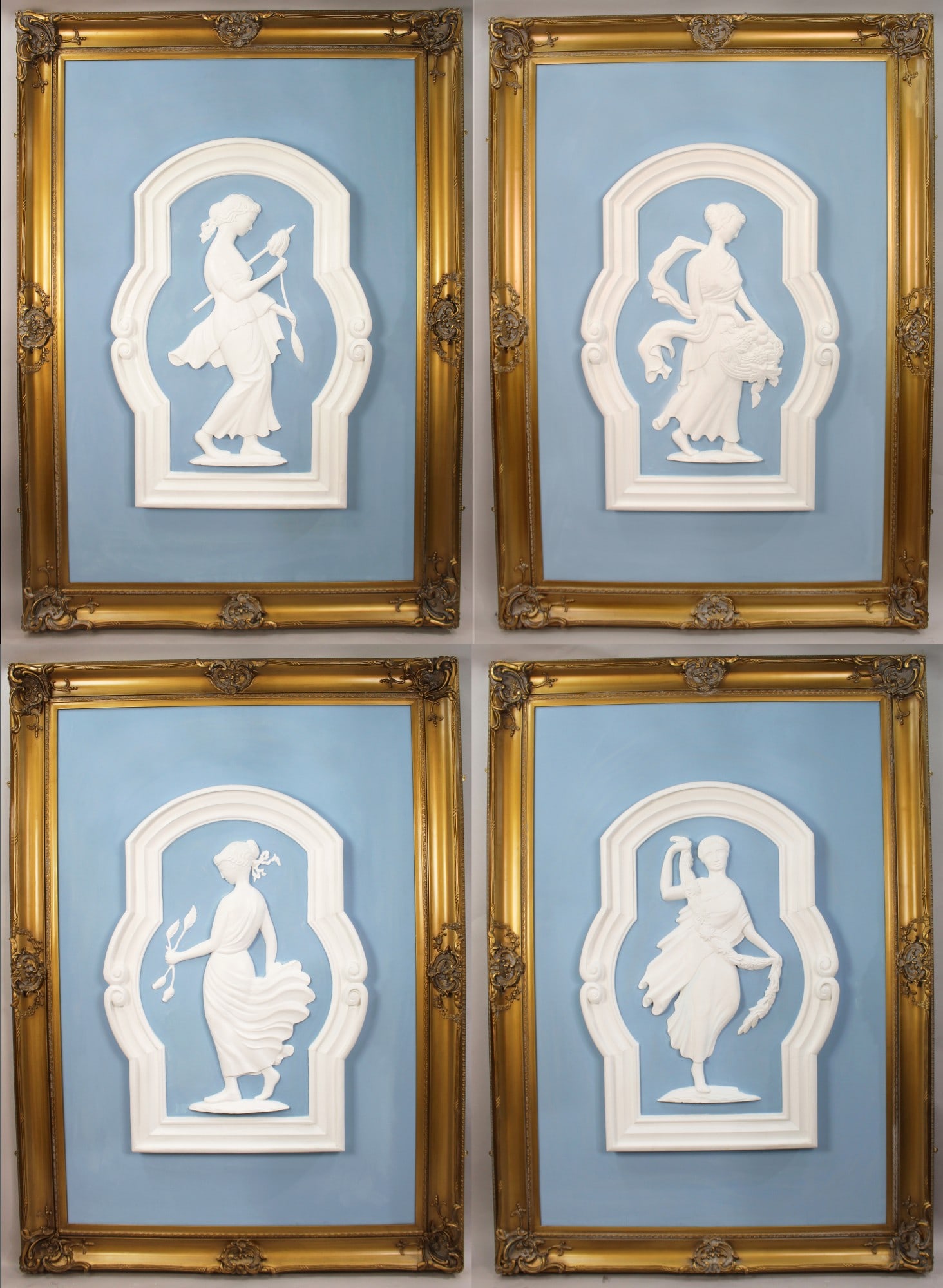 Set of 4 Very Large British Art Deco Wedgwood Plaster Panels in Gilt Frames: Title: Set of 4 Very Large British Art Deco Wedgwood Plaster Panels in Gilt Frames Description: Set of 4 Monumental British Art Deco Wedgwood Blue Plaster Panels in Gilt Frames A fine and impressive