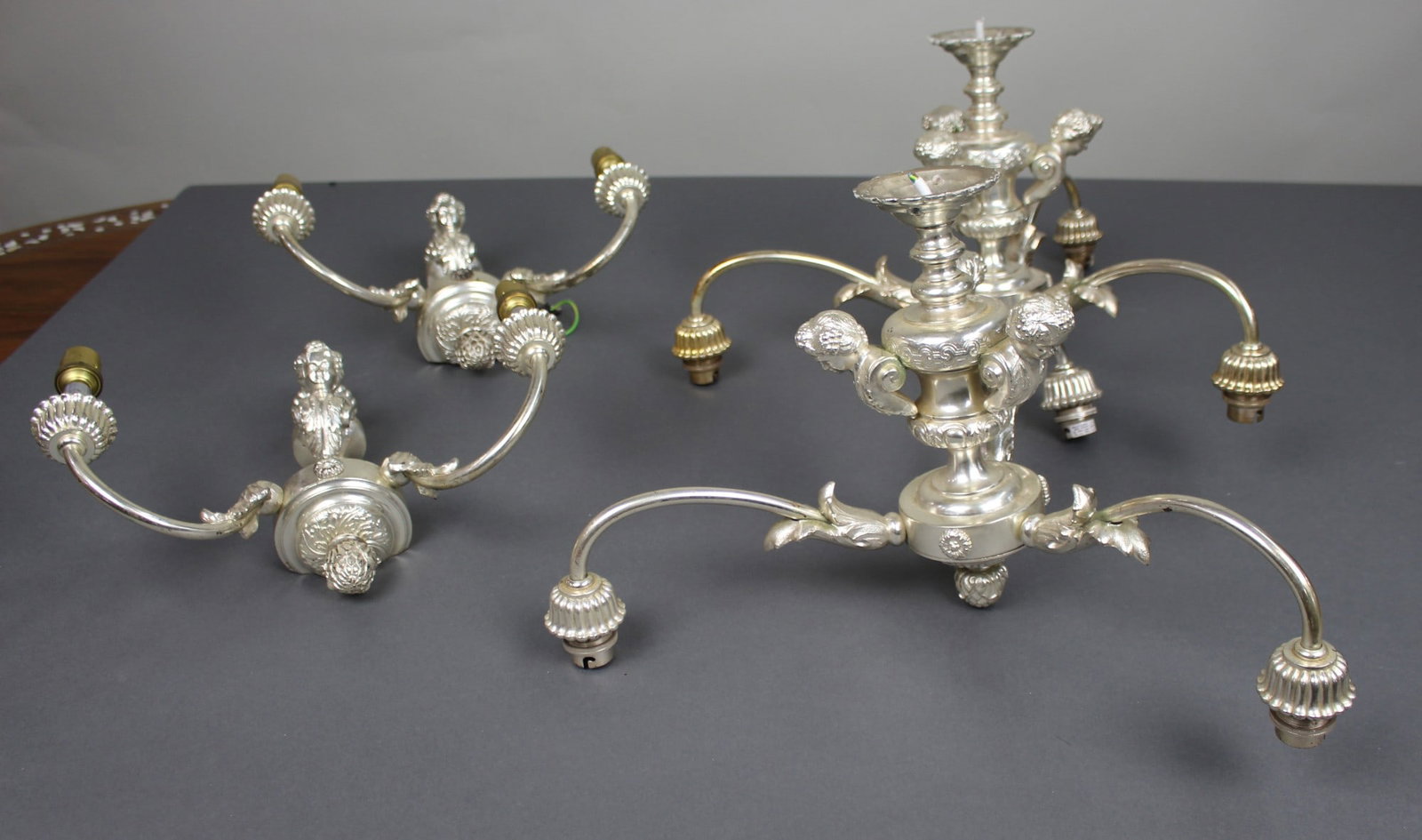 Vintage Silvered Cherub Chandeliers & Wall Lights: Title: Vintage Silvered Cherub Chandeliers & Wall Lights Description: Vintage Silvered Cherub Chandeliers & Wall Lights. Two Vintage 3-Light Cherub Chandeliers and a Pair of 2-Light Wal