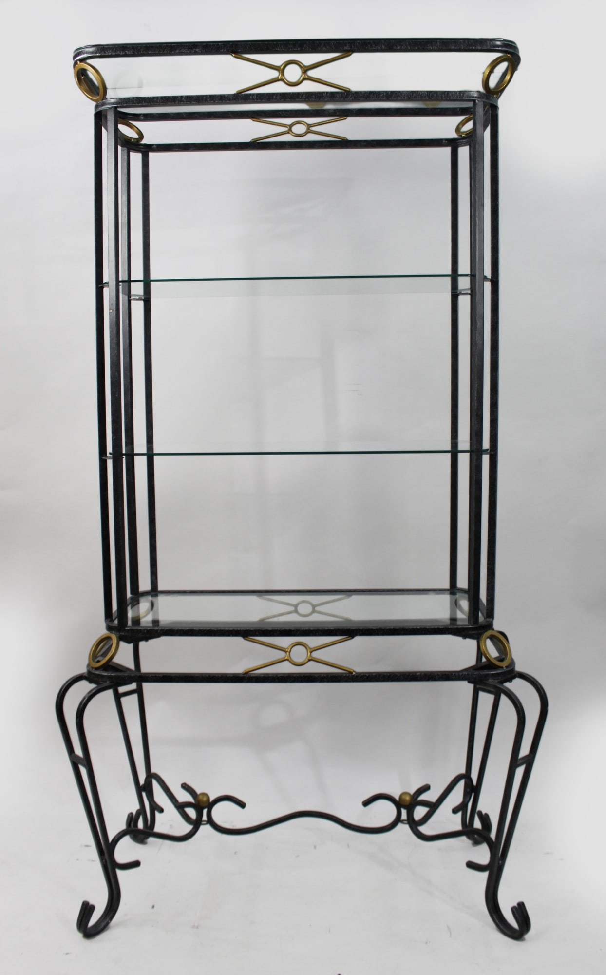 Vintage Hollywood Regency Metal & Glass Shelves: Title: Vintage Hollywood Regency Metal & Glass Shelves Description: Vintage Hollywood Regency Metal & Glass Shelves Good quality heavy late twentieth century metal shelves. Carried on shaped