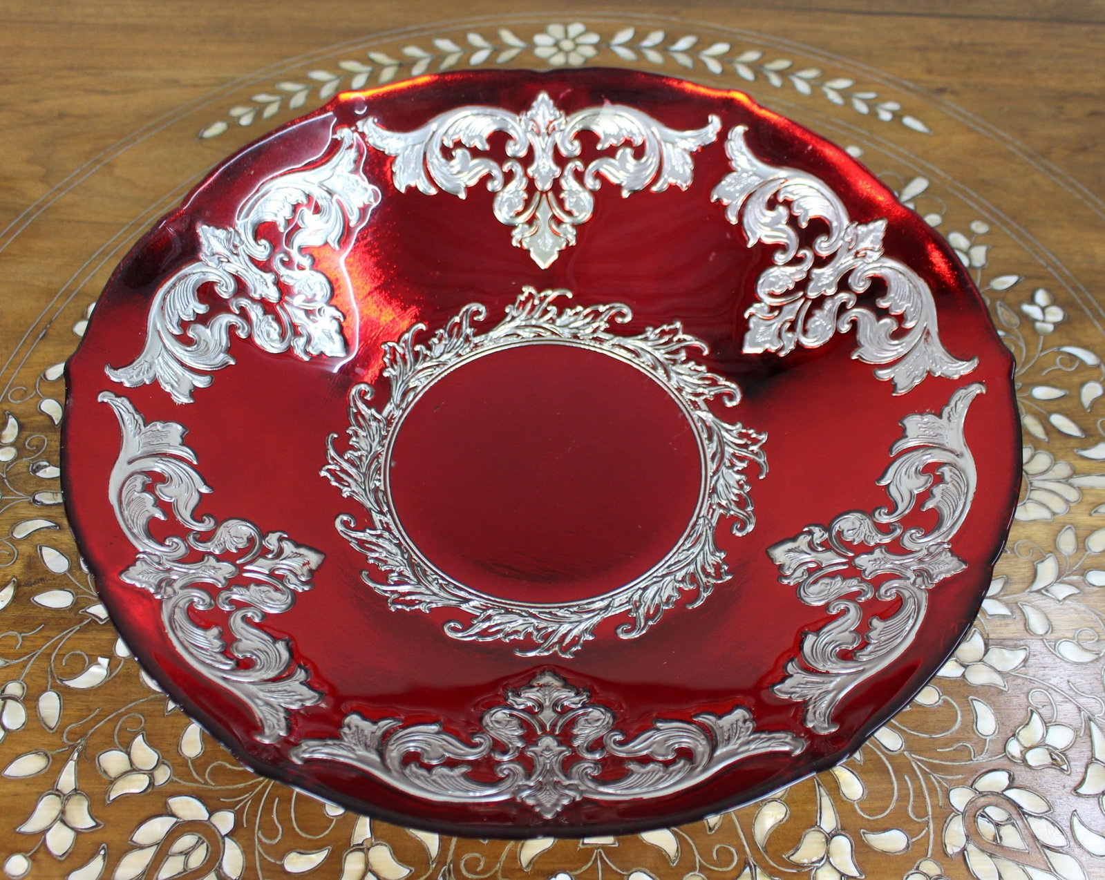 Large Ruby Flashed Glass Bowl with Ornate Silver Overlay (1 of 2)