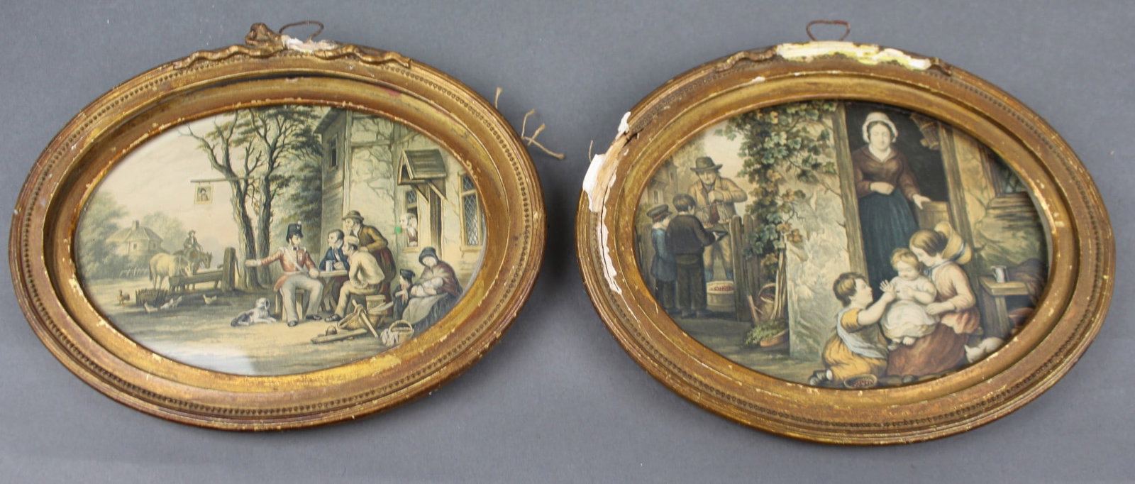 Pair of 19th Century Hand Coloured Rural Genre Prints in Oval Gilt Frames: Title: Pair of 19th Century Hand Coloured Rural Genre Prints in Oval Gilt Frames Description: Pair of 19th Century Hand Coloured Rural Genre Prints in Oval Gilt Frames A pair of hand coloured prints