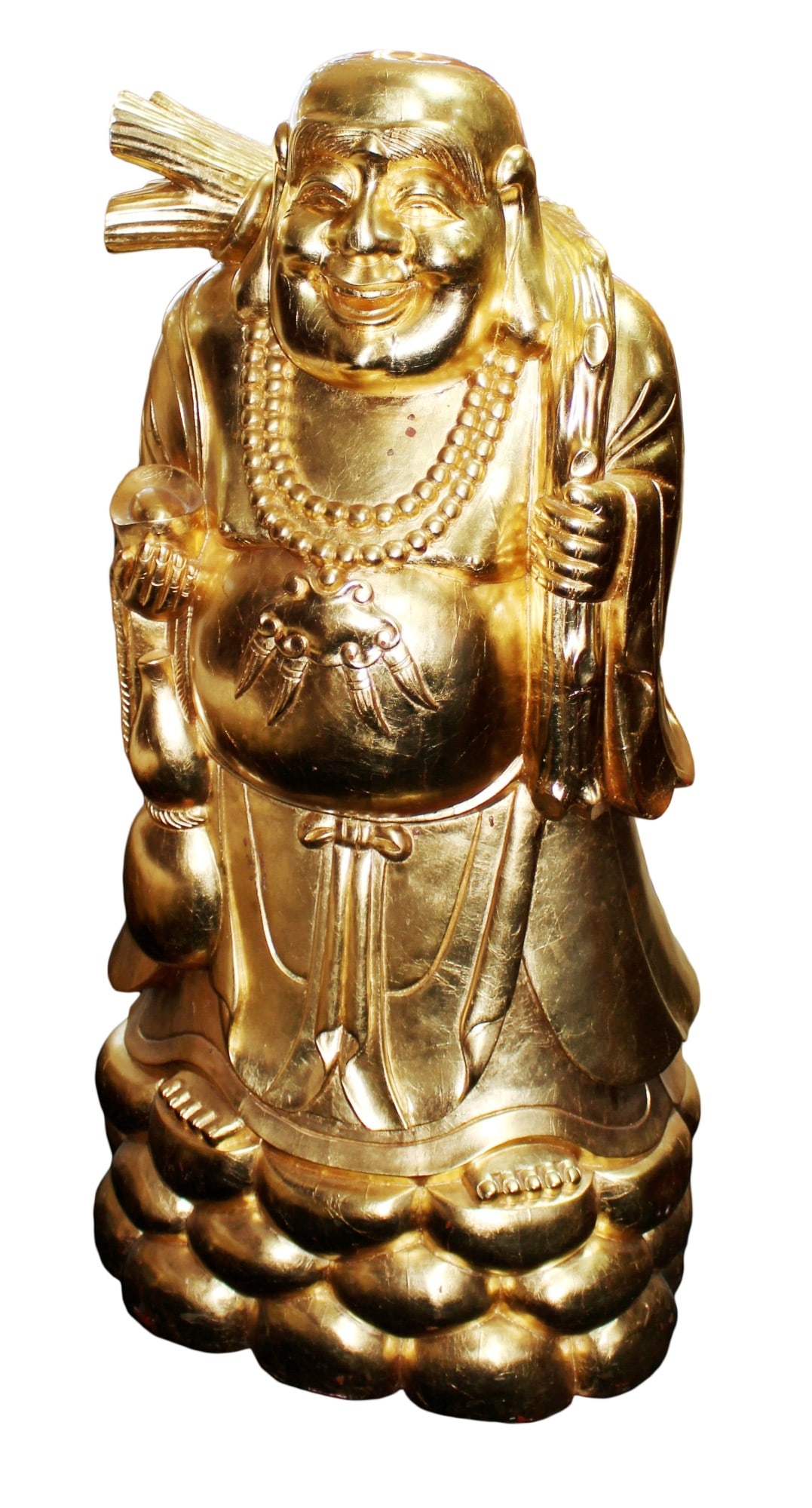 Large Gilded Carved Wood Laughing Buddha Sculpture on Lotus Base: Title: Large Gilded Carved Wood Laughing Buddha Sculpture on Lotus Base Description: Large Gilded Carved Wood Laughing Buddha Sculpture on Lotus Base Origin: Late 20th Century Materials: Hand-carved