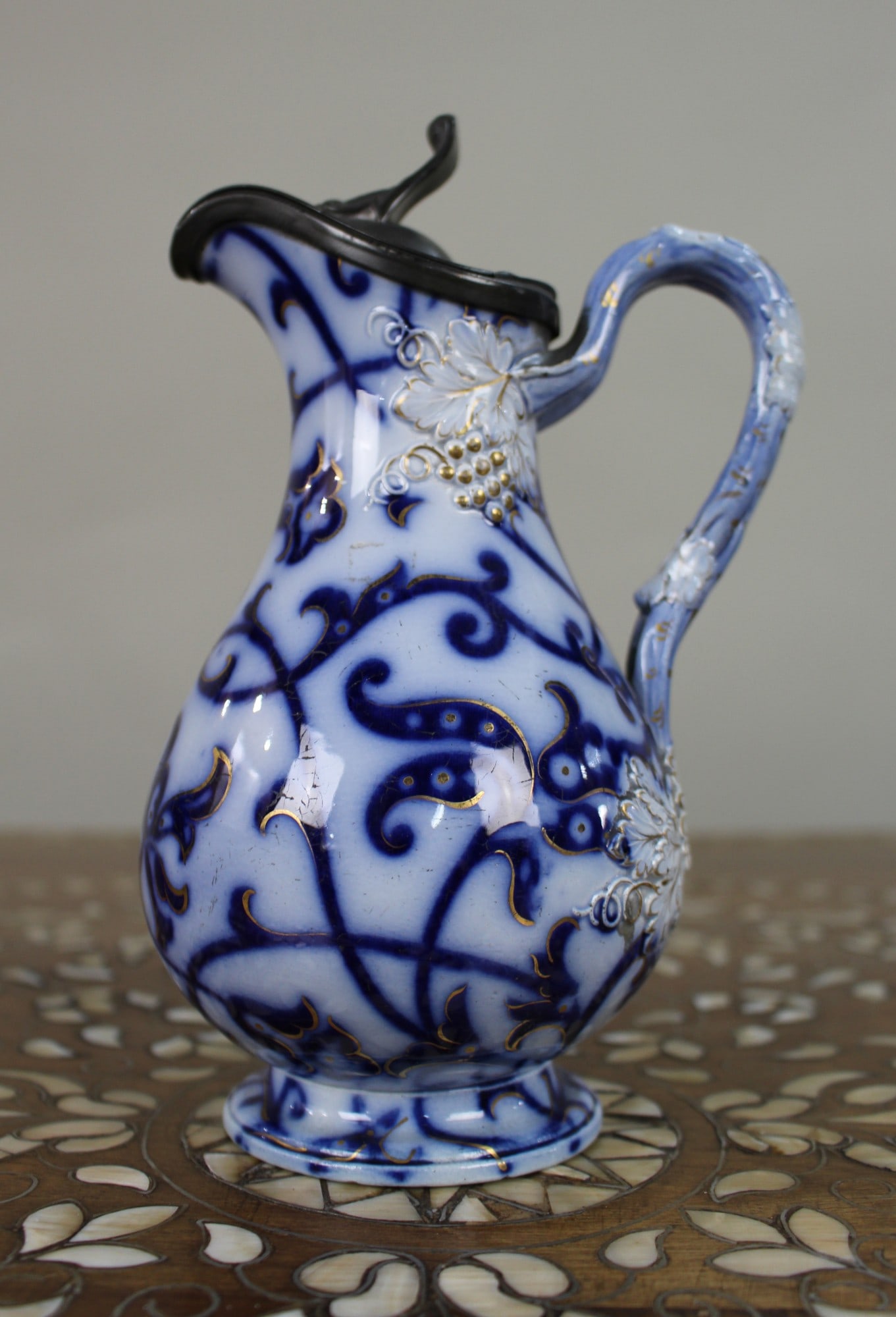 Victorian Flow Blue Relief-Moulded Jug with Pewter Lid, c.1850 (1 of 16)