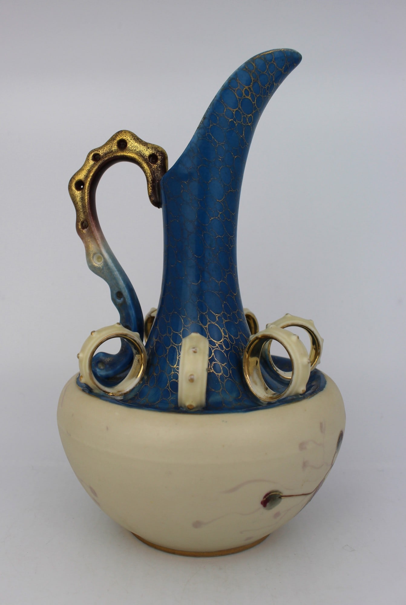 Victorian Decorative Blush Ewer: Title: Victorian Decorative Blush Ewer Description: Victorian Decorative Blush Ewer Measures 13 x 13 x 20.5 (height) cm Old glued repair to one of the decorative rings, wear to gilding Condition: