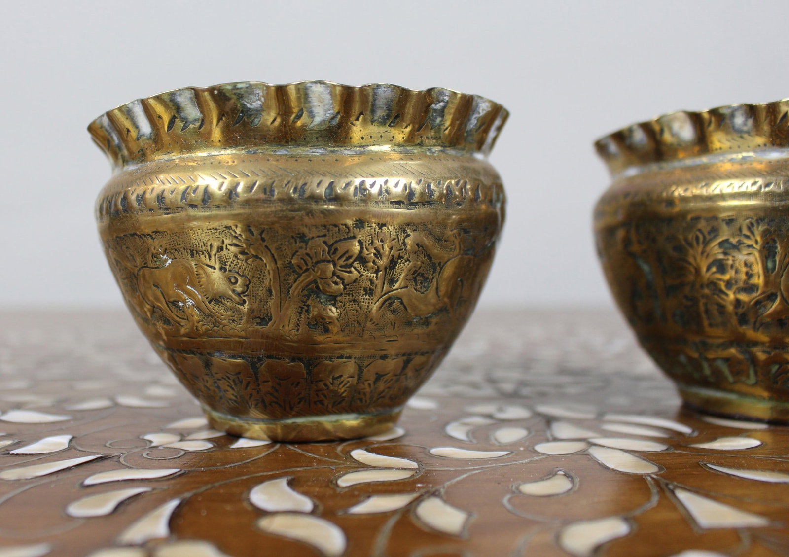 Pair of Hand-Engraved Indian Brass Bowls with Elephant and Deer Decoration - 3