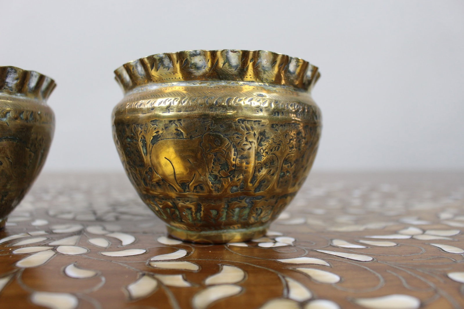 Pair of Hand-Engraved Indian Brass Bowls with Elephant and Deer Decoration - 4