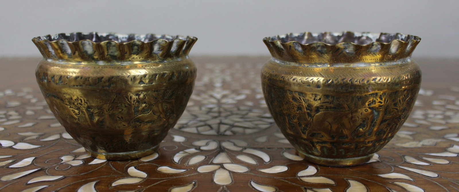 Pair of Hand-Engraved Indian Brass Bowls with Elephant and Deer Decoration - 5