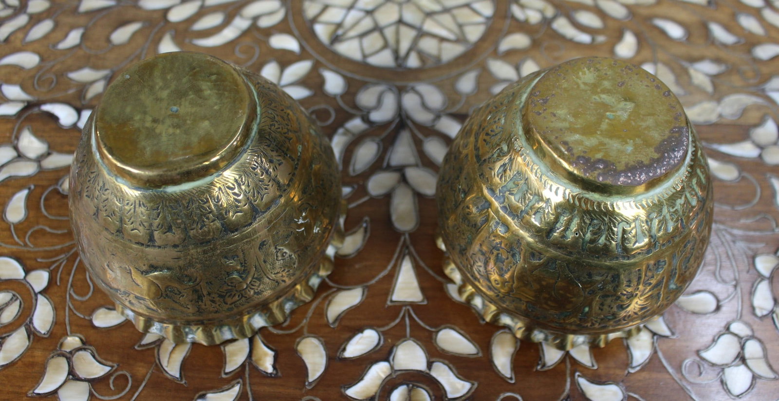 Pair of Hand-Engraved Indian Brass Bowls with Elephant and Deer Decoration - 6