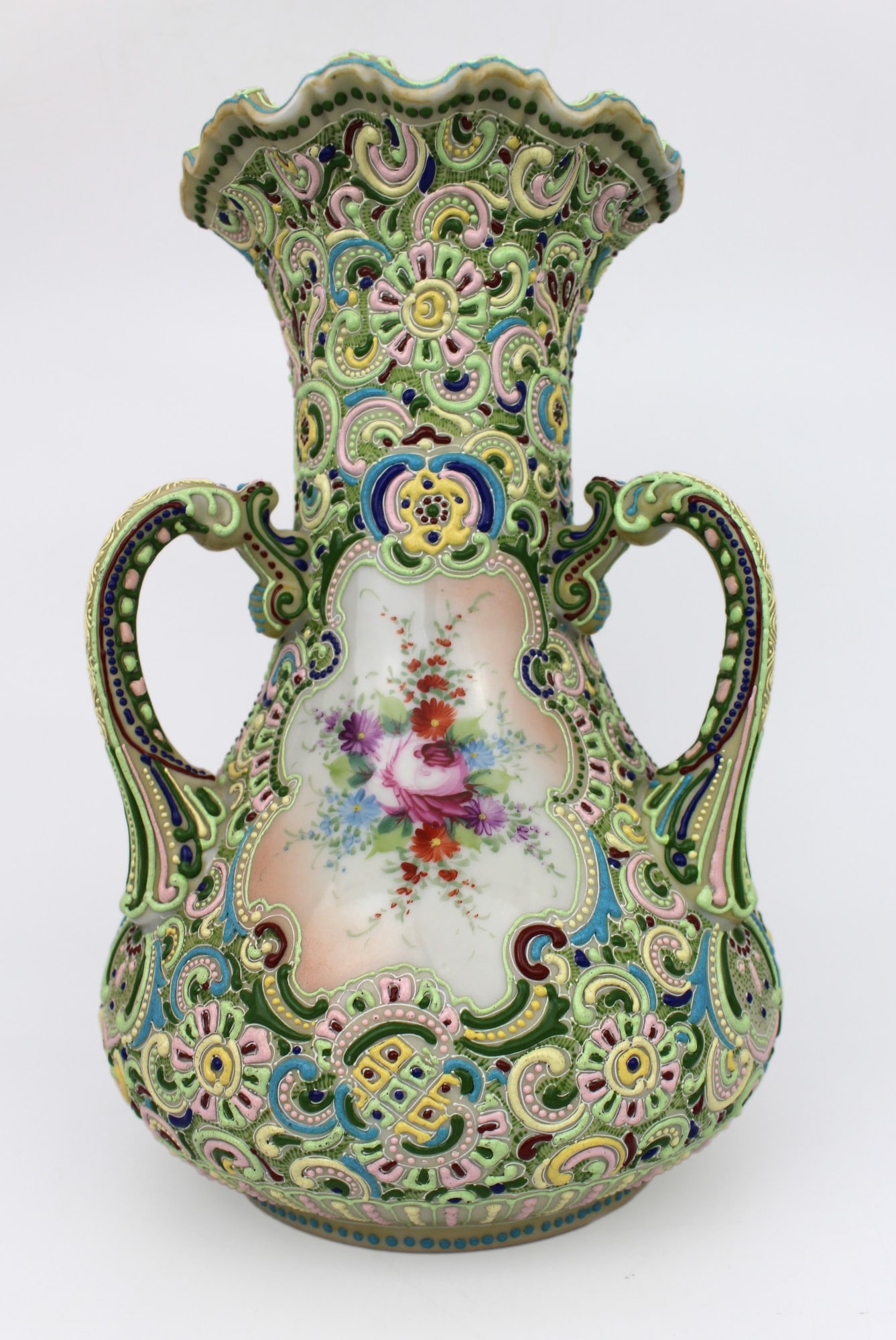 Highly Decorative Continental Jewelled Porcelain Three Handled Vase c.1900 (1 of 2)