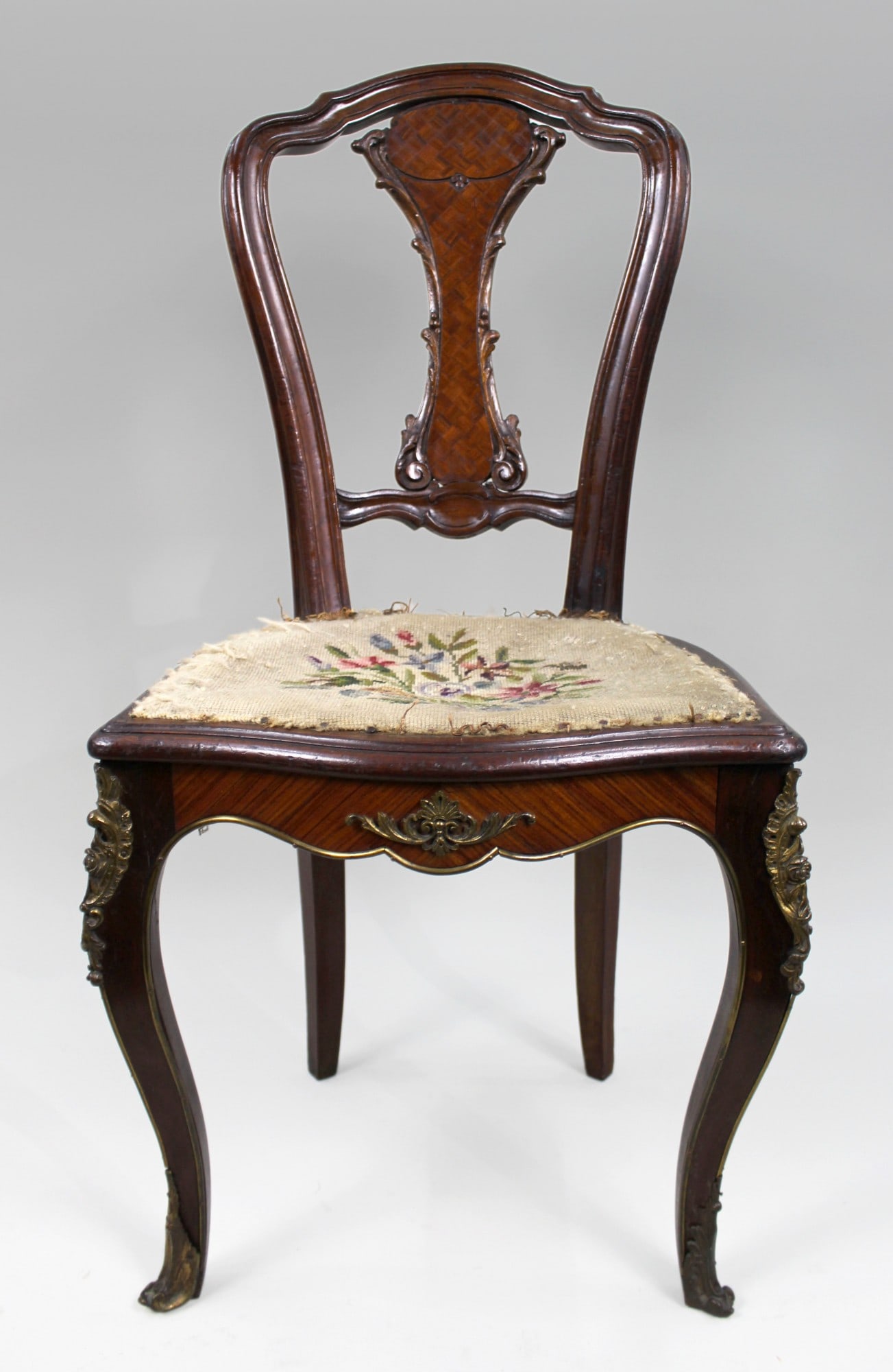 19th Century French Kingwood Parquetry Side Chair with Ormolu Mounts: Title: 19th Century French Kingwood Parquetry Side Chair with Ormolu Mounts Description: Antique French Kingwood Parquetry Side Chair with Ormolu Mounts A fine 19th century French side chair c.1860