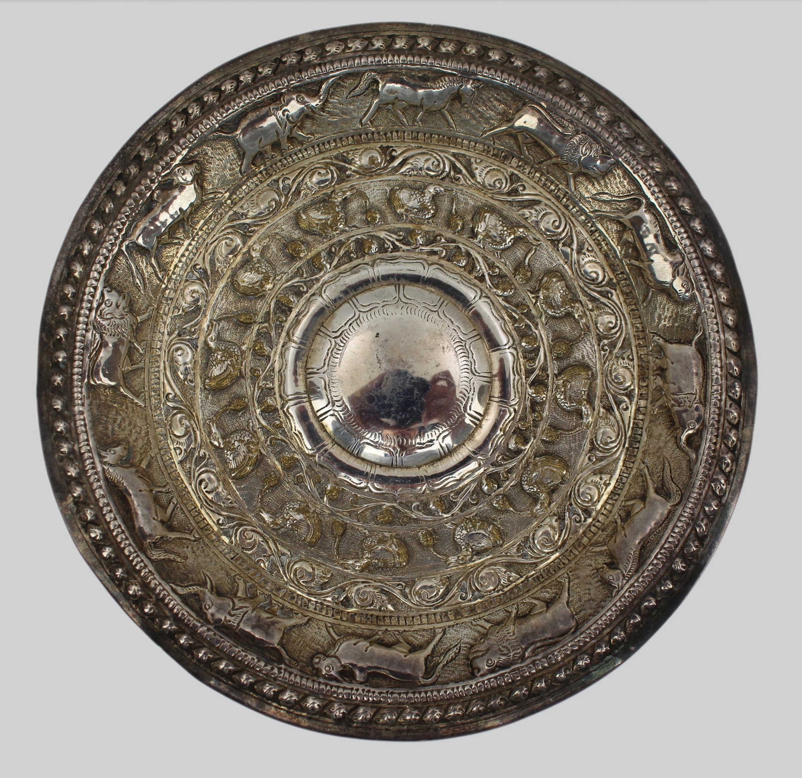 Antique Decorative Shield Circa 19th Century: Title: Antique Decorative Shield Circa 19th Century Description: Antique Decorative Plate, 19th Century A small antique decorative plate, worked with fine repoussé and engraved decoration