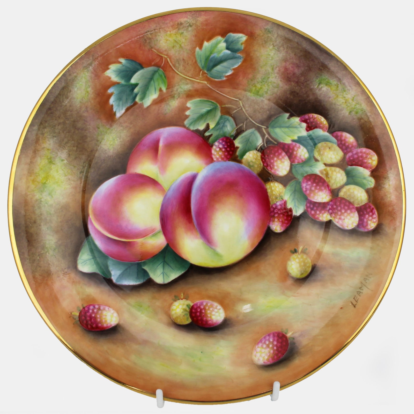 Leaman Hand Painted Fallen Fruit Cabinet Plate: Title: Leaman Hand Painted Fallen Fruit Cabinet Plate Description: Leaman Hand Painted Fallen Fruit Cabinet Plate. 27 cm in diamater. Very good condition; no chips, cracks or repairs, gilding clean