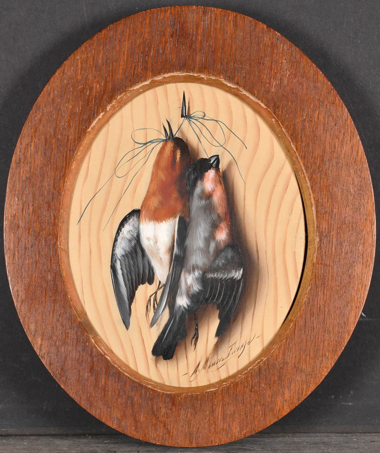 Trompe l'Oeil Still Life of Hanging Songbirds: Title: Trompe l'Oeil Still Life of Hanging Songbirds Description: Trompe l'Oeil Still Life of Hanging Songbirds Michelangelo Meucci (Italian, 1840–1909) We are pleased to offer a charming