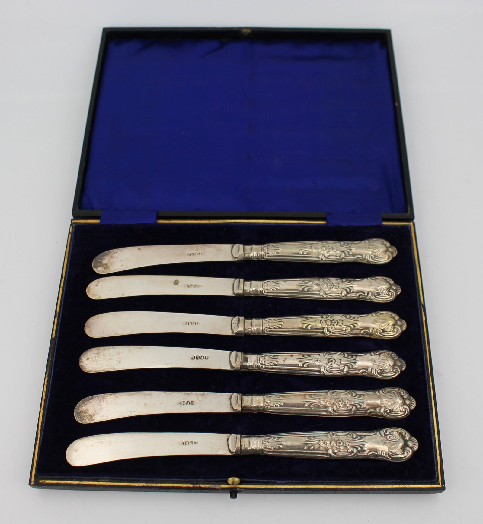 Antique Cased Set of 6 Silver Plated Tea Knives: Title: Antique Cased Set of 6 Silver Plated Tea Knives Description: Antique Cased Set of 6 Tea Knives. Elegant, each marked to the blade EPNS. Each knife 18 cm in length. Set in original velvet and