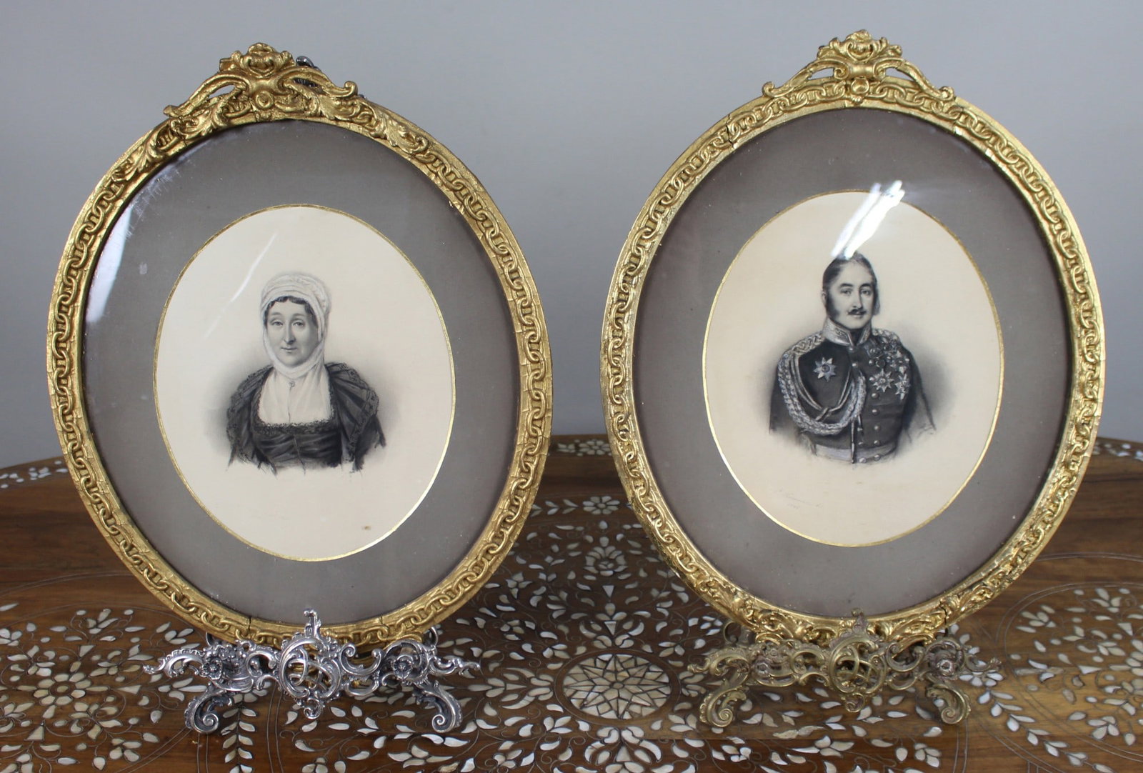 Pair of Mid 19th c. Oval Drawings by C.Reimann: Title: Pair of Mid 19th c. Oval Drawings by C.Reimann Description: Pair of Mid-19th Century Portrait Drawings – Sir Hugh Halkett and Wife, Signed C. Reimann, 1846 A well-executed pair of oval