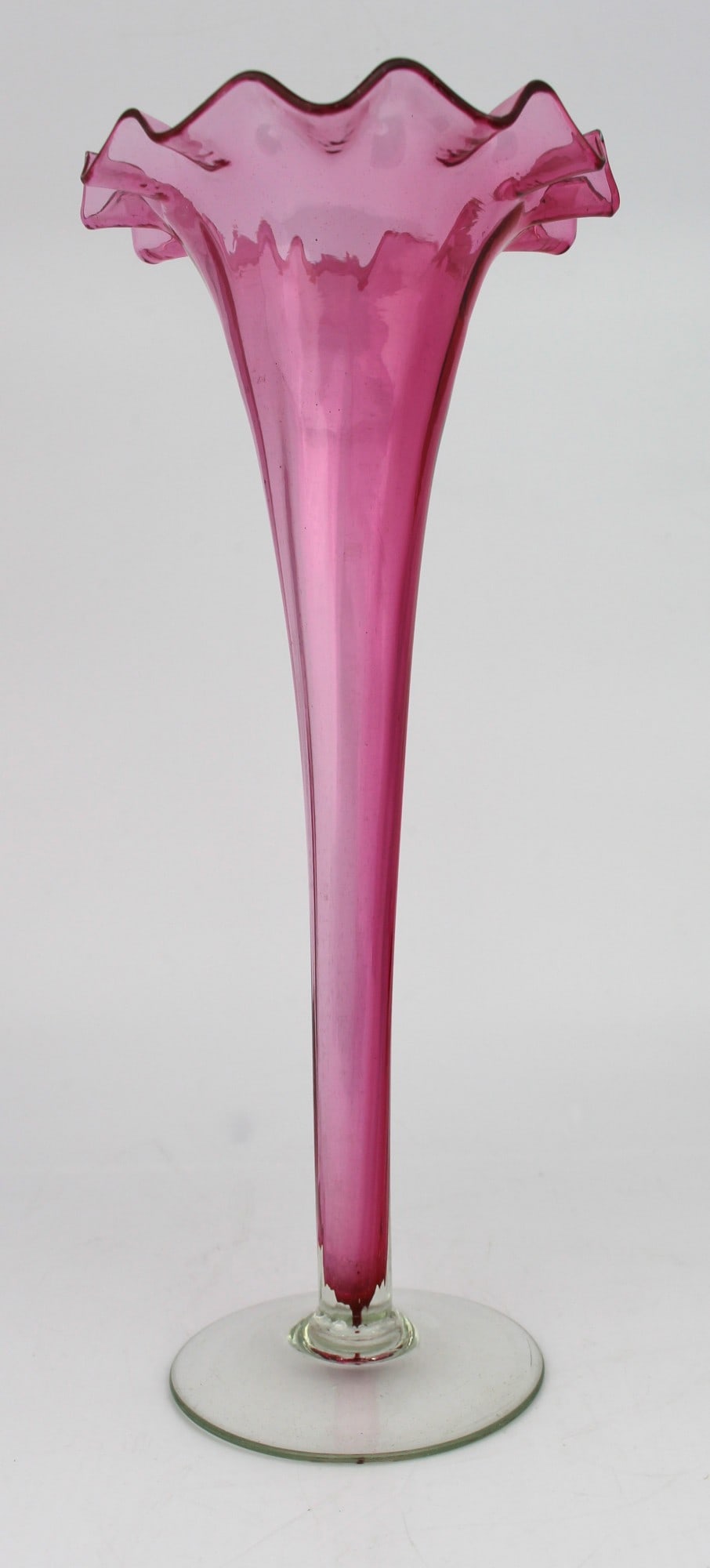 Victorian Cranberry Glass Frilled Top Trumpet Vase: Title: Victorian Cranberry Glass Frilled Top Trumpet Vase Description: Victorian Cranberry Glass Frilled Top Trumpet Vase Measures 12.5 x 12.5 x 30 (height) cm. Very good condition commensurate with