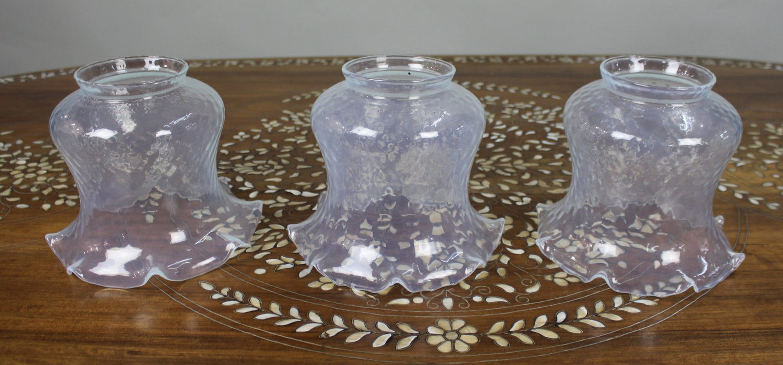 Antique Gothic Revival Brass Three-Light Gasolier with Opalescent Glass Shades, circa 1900 - 12