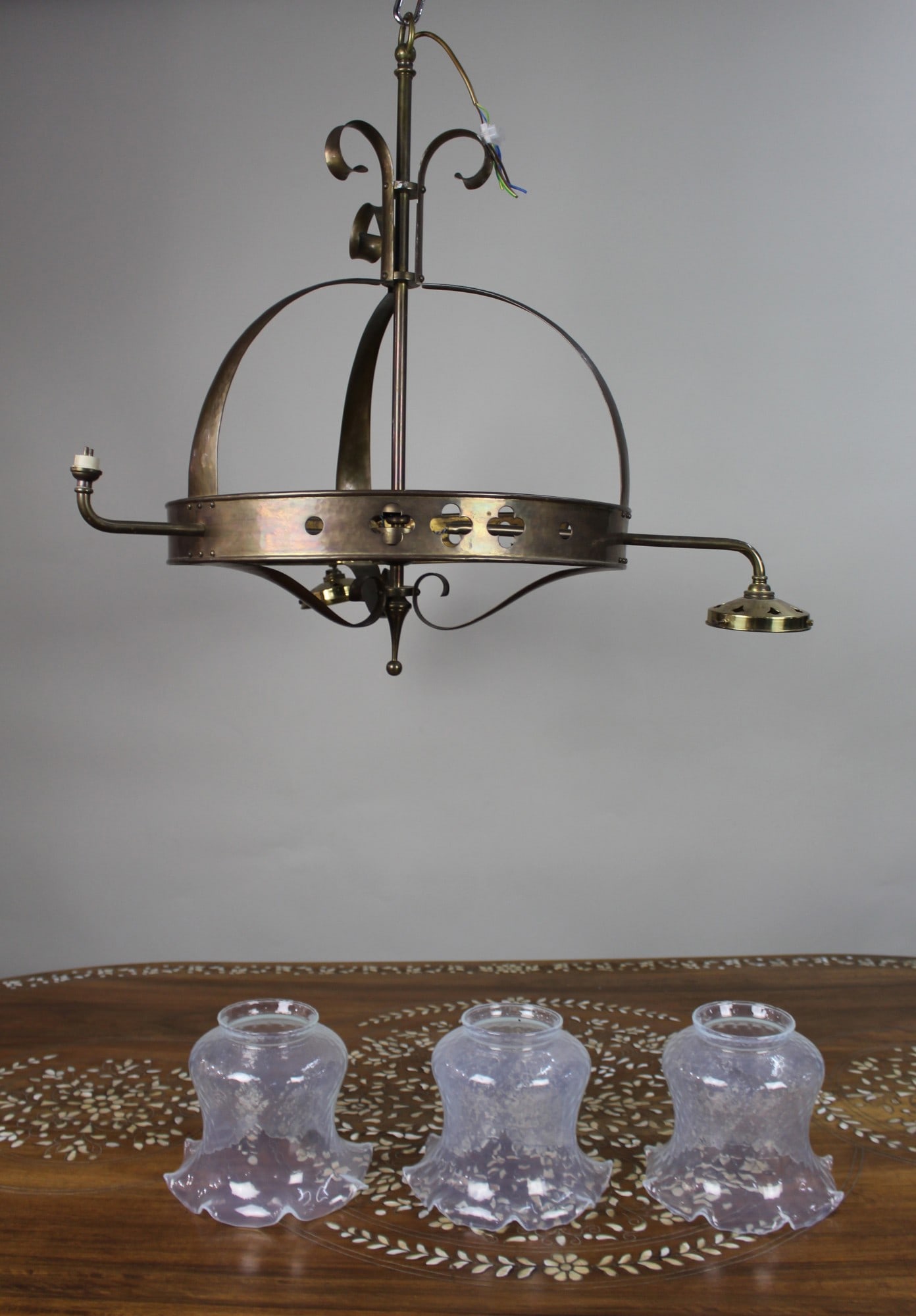 Antique Gothic Revival Brass Three-Light Gasolier with Opalescent Glass Shades, circa 1900: Title: Antique Gothic Revival Brass Three-Light Gasolier with Opalescent Glass Shades, circa 1900 Description: Antique Gothic Revival Brass Three-Light Gasolier with Opalescent Glass Shades