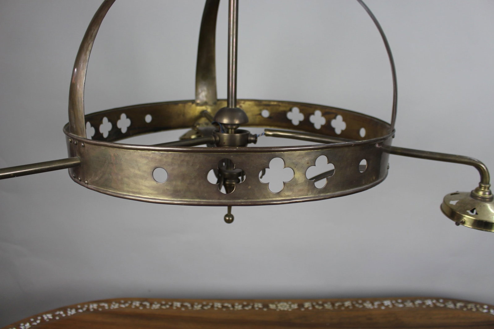 Antique Gothic Revival Brass Three-Light Gasolier with Opalescent Glass Shades, circa 1900 - 5