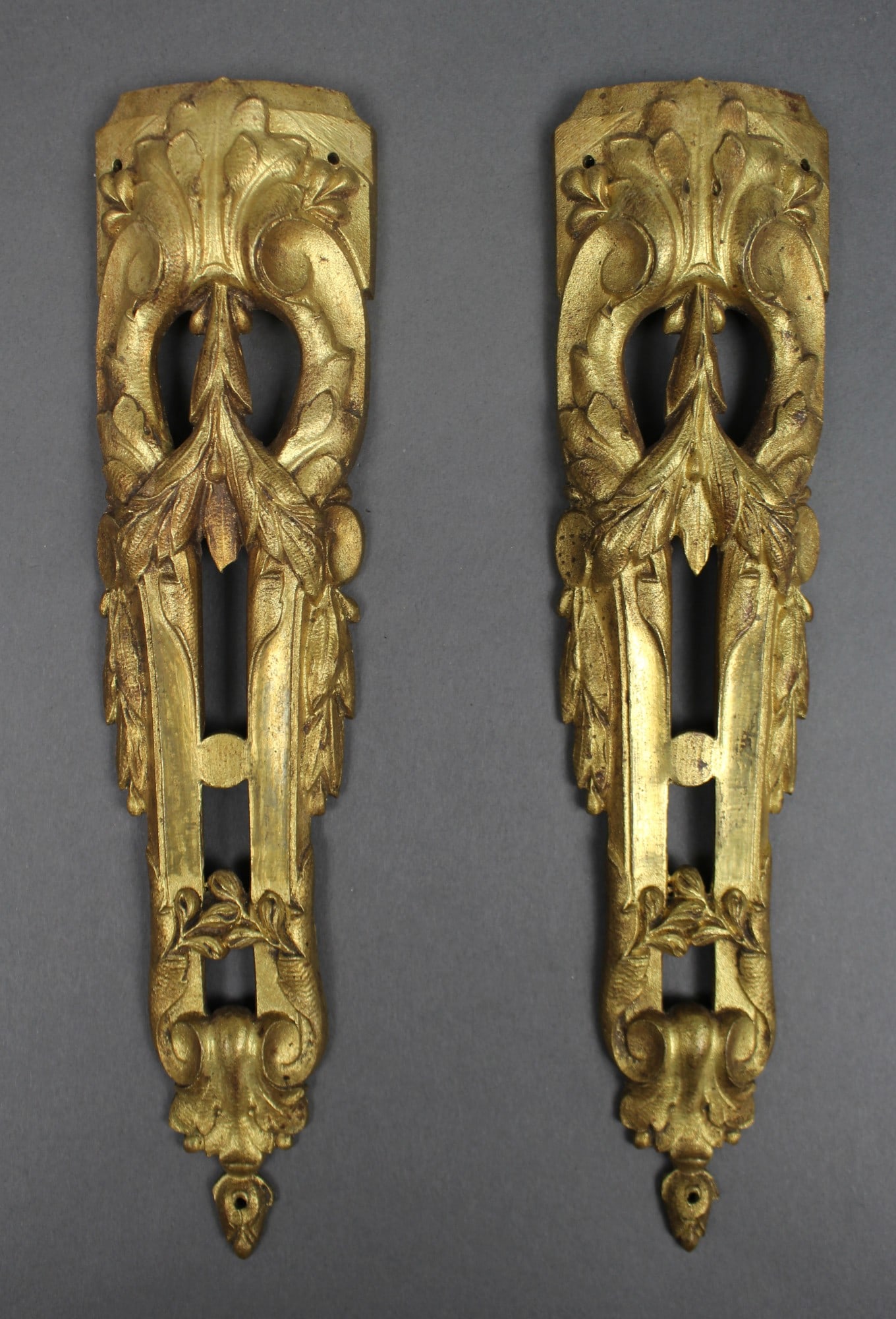 Pair of Louis XVI Style Gilt Bronze Furniture Mounts c.1890: Title: Pair of Louis XVI Style Gilt Bronze Furniture Mounts c.1890 Description: Pair of Louis XVI Style Gilt Bronze Furniture Mounts c.1890 A matched pair of gilt bronze furniture mounts, cast in the