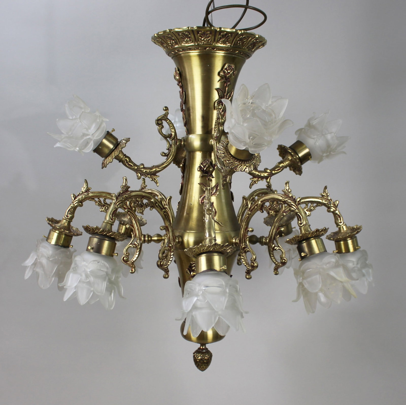 Vintage 12 Light French Brass Chandelier with Glass Shades: Title: Vintage 12 Light French Brass Chandelier with Glass Shades Description: Vintage 12-Light French Brass Chandelier with Glass Shades – Mid 20th Century An impressive and fine qu
