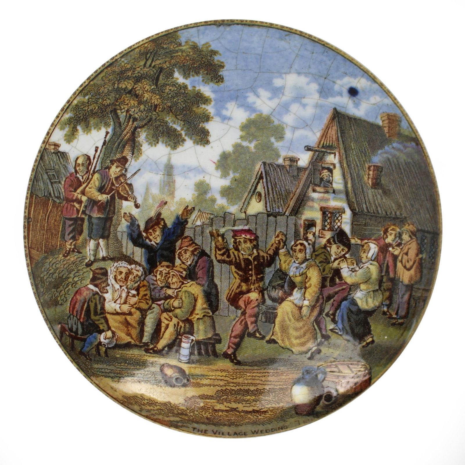 19th c. Prattware The Village Wedding Pot Lid: Title: 19th c. Prattware The Village Wedding Pot Lid Description: 19th C., Prattware The Village Wedding Pot Lid English, 19th c. Width 10.5 cm Few small nibbles to underside, craquelure Condition: