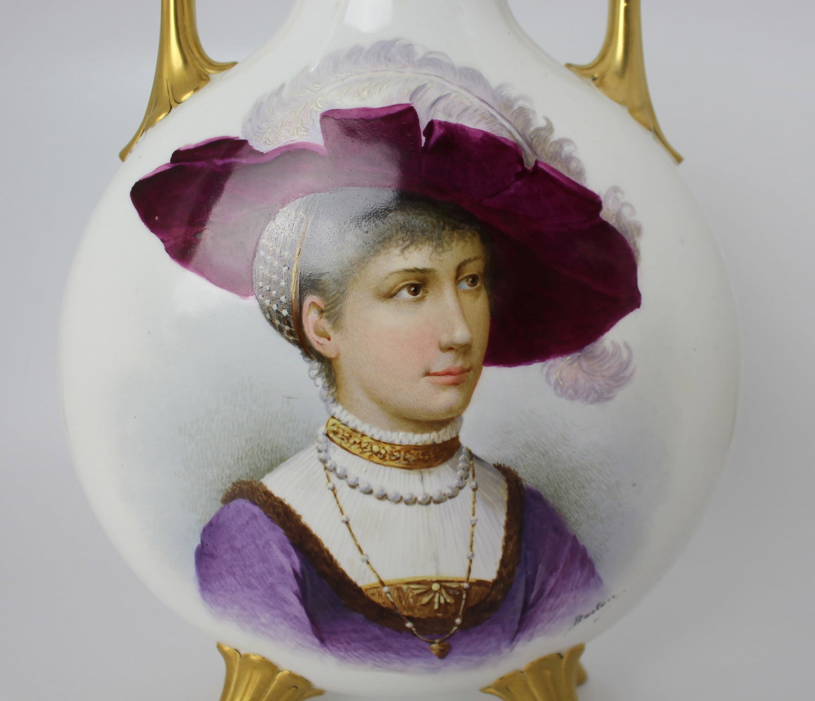 Hand-Painted & Gilded Porcelain Moon Flask Vase, Signed Baston, c.1890 - 20