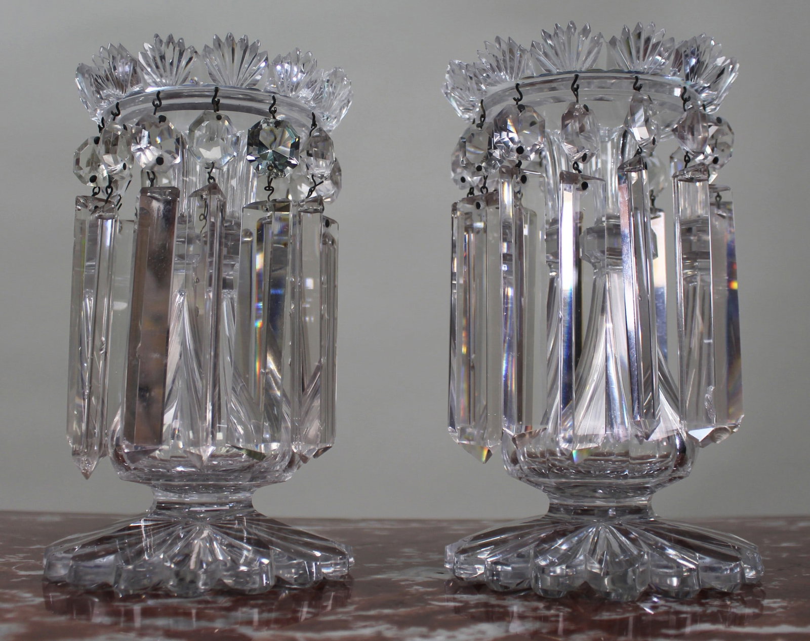 Fine Pair of Antique Cut Crystal Lustre Vases with Prism Drops - 2